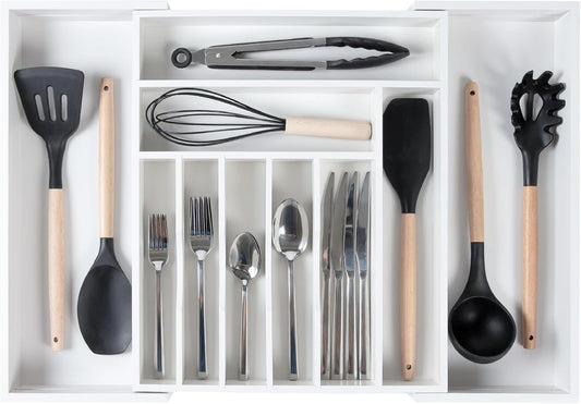 KitchenEdge Premium Silverware, Flatware and Utensil Organizer for Kitchen Drawers, Food-Safe Contract Grade, Expandable from 14.5 to 25 In, White Bamboo