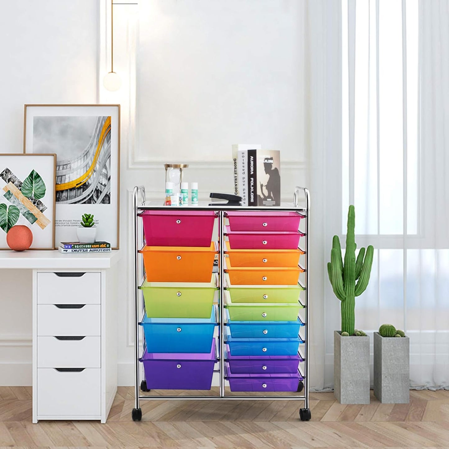 GOFLAME 15-Drawer Rolling Storage Cart, Multipurpose Movable Organizer Cart, Utility Cart for Home, Office, School, Rainbow