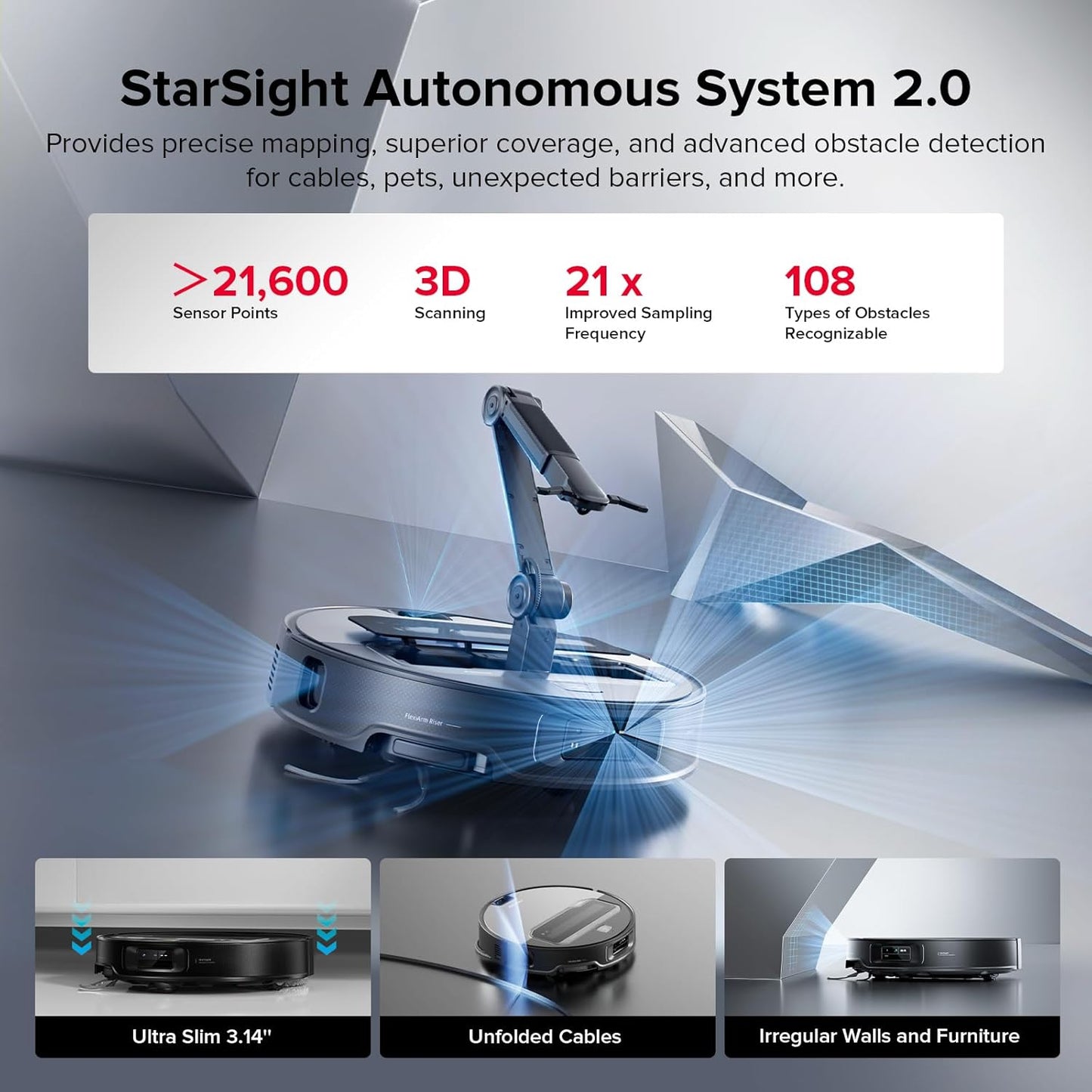 roborock Saros Z70 Robot Vacuum and Mop, OmniGrip Arm, AI-Powered, 22,000Pa Suction, 3.14’’ Ultra Slim, FlexiArm Riser Technology, AdaptiLift Chassis, Obstacle Avoidance, Auto Mop Washing & Drying