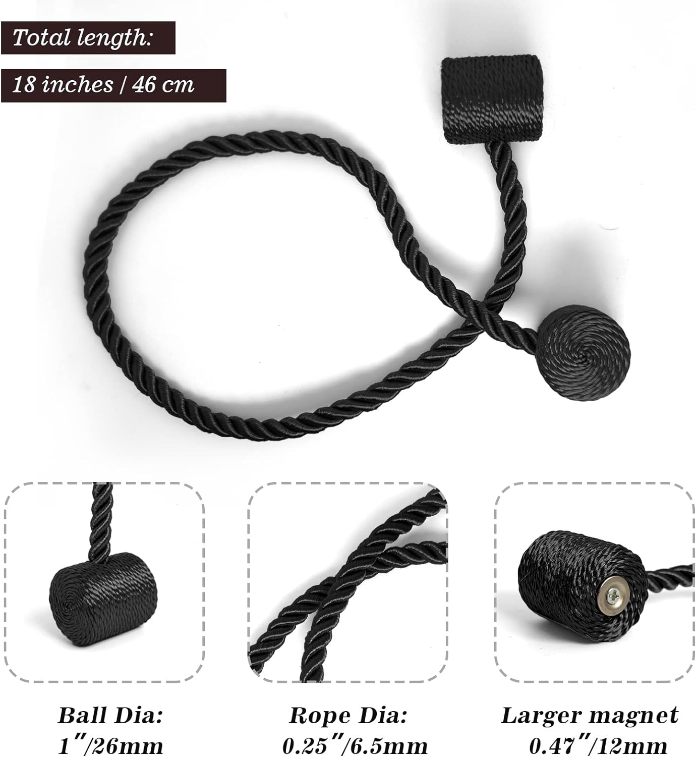 Hion Magnetic Curtain Tiebacks Black 4 Pack, Curtain Tiebacks Buckles Holdbacks Holders Hooks Clip for Home Bedroom Office Decorative Thick or Thin Curtain