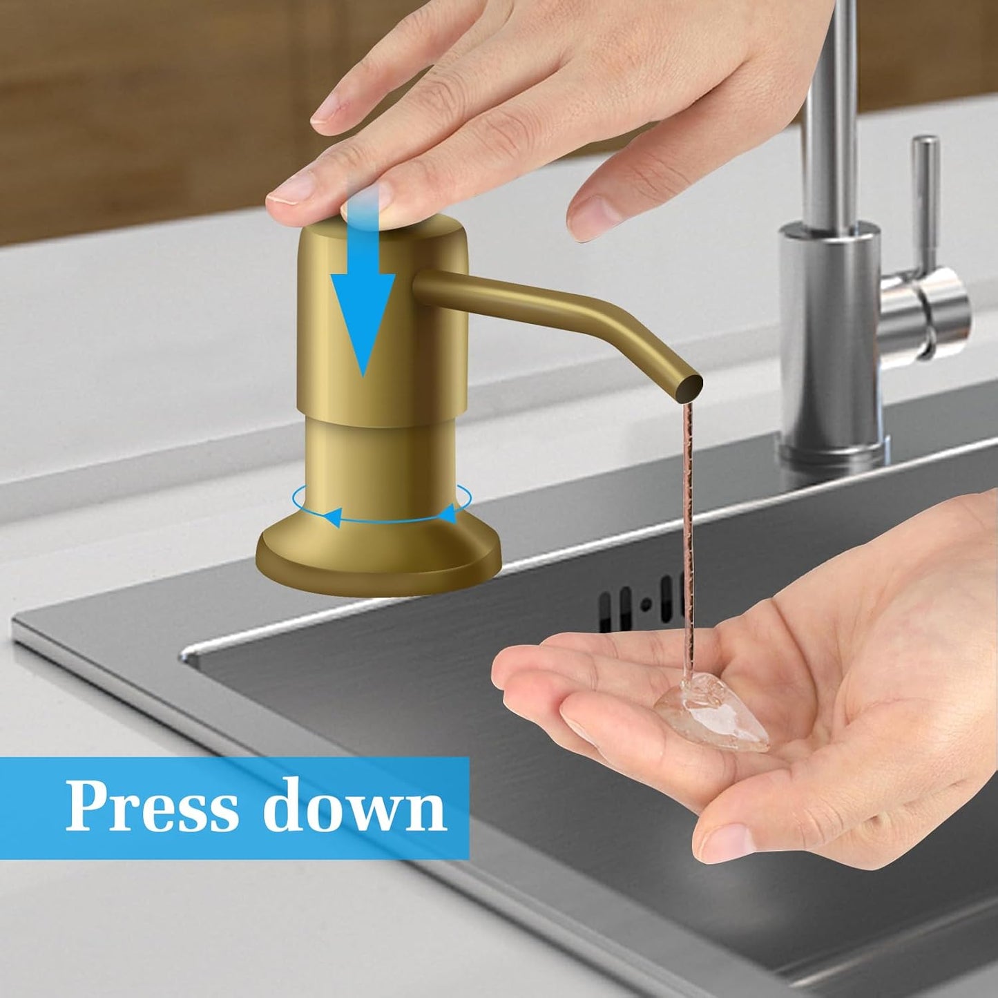 Soap Dispenser for Kitchen Sink and Extension Tube Kit, Stainless Steel Countertop SoapDispenser with 47 Inches Tube Connects Directly to Soap Bottle, Hand and Dish Soap Dispenser Pump （Golden）
