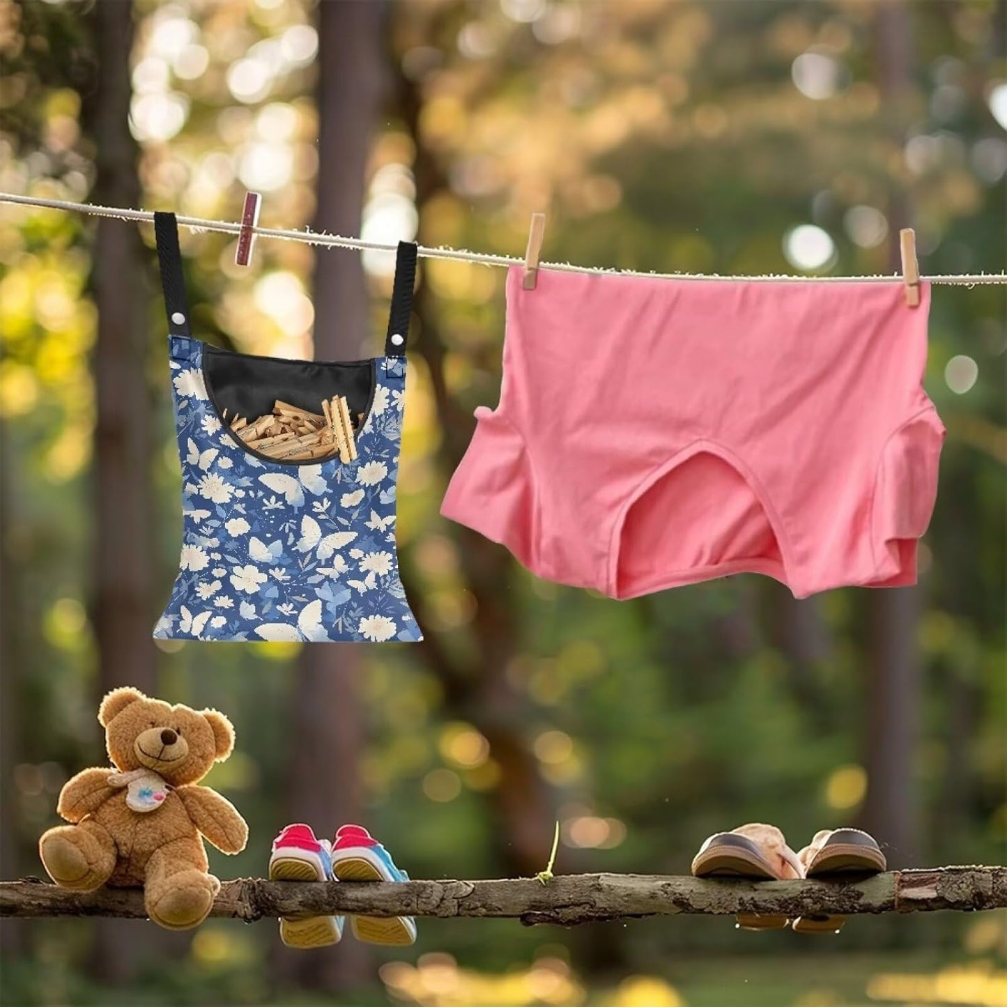 2 Pcs Butterfly and Floral Clothespin Bag with Large Opening Clothes Pins Holder Outdoor and Laundry Bag Hanging Fits for Clothesline Outdoor