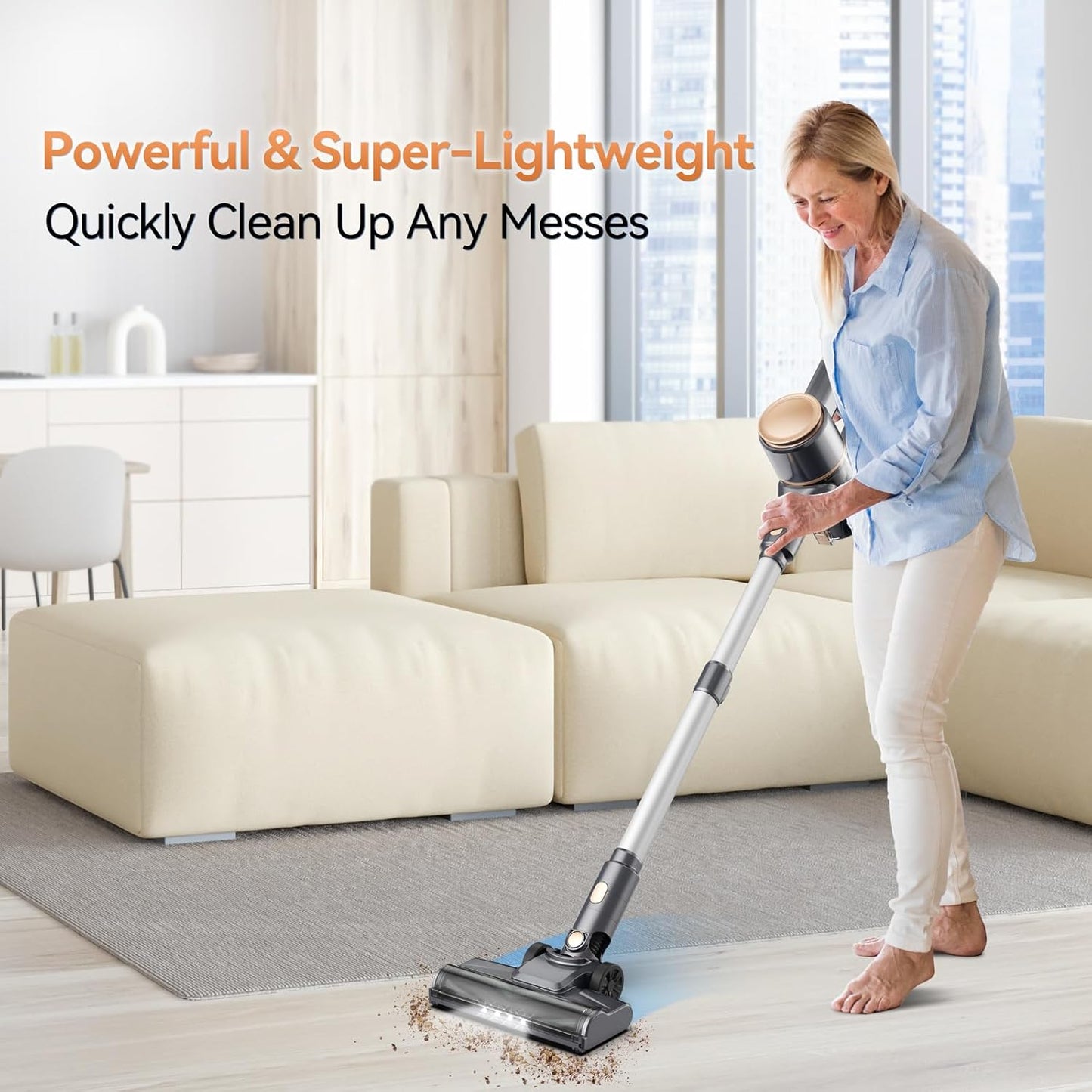 N8 Cordless Vacuum Cleaner,Lightweight Stick Vacuum with Powerful Suction,2200mAh Battery,40 Mins Runtime,Self-Standing,Rechargeable Vacuum Cleaners for Home Hardwood Floor Carpet Pet Hair (Gold)
