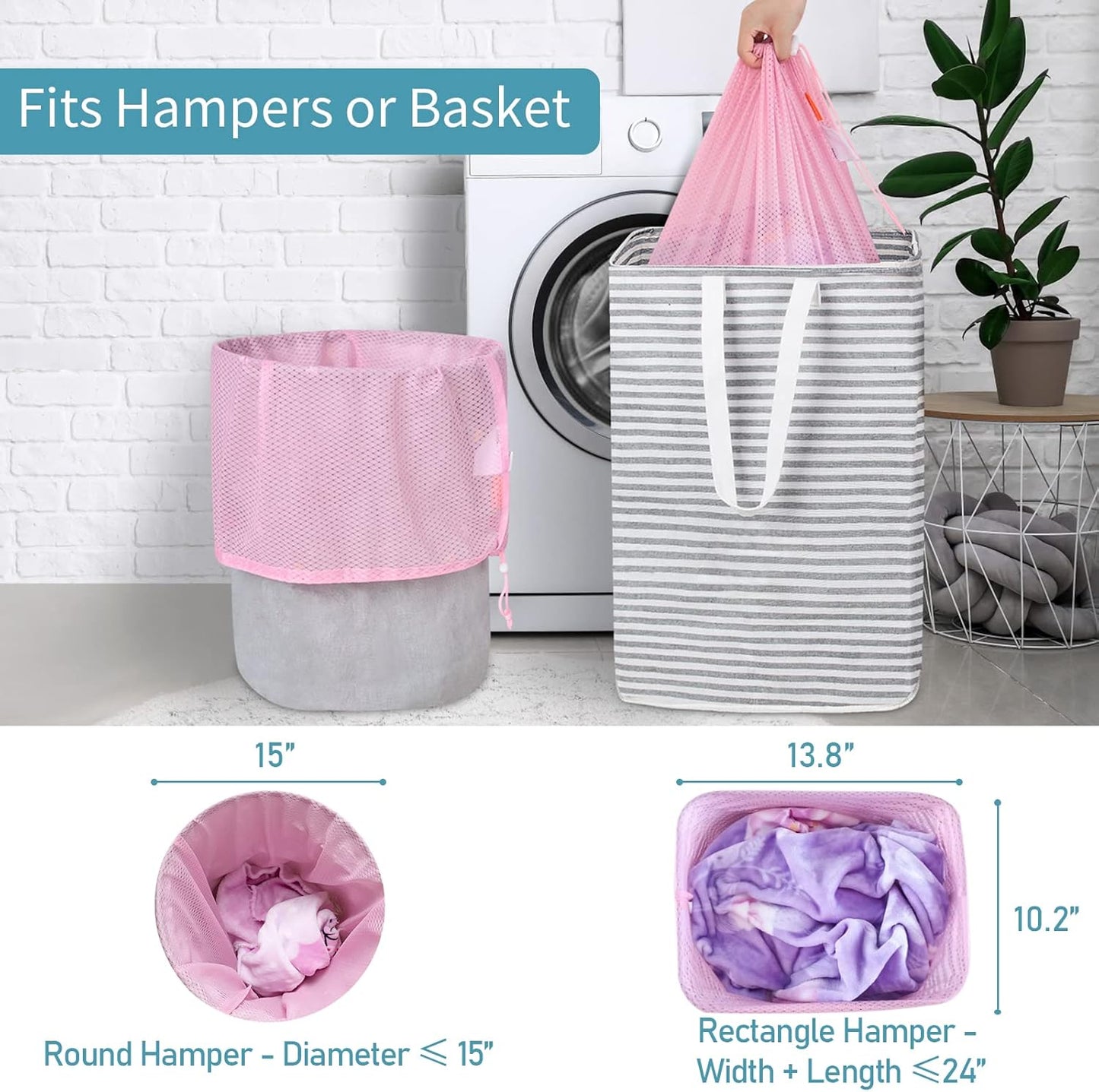 Polecasa Heavy Duty Diamond Large Mesh Laundry Bag with ID Tag and Locking Drawstring Closure - 24 x 36 inches - Laundry Hamper Liner, Washable Laundry Bags for Travel, Sports, Dorms (Pink)