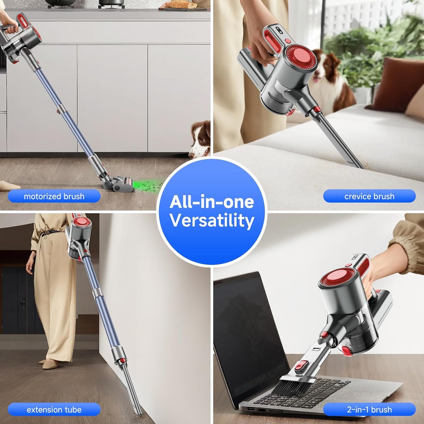 Cordless Vacuum Cleaner, 30Kpa Lightweight Stick Vacuum with 45 Mins Runtime, Rechargeable Battery, LED Anti-Tangle Brush, 6-in-1 Stick Vacuum for Carpet, Hardwood Floors & Pet Hair