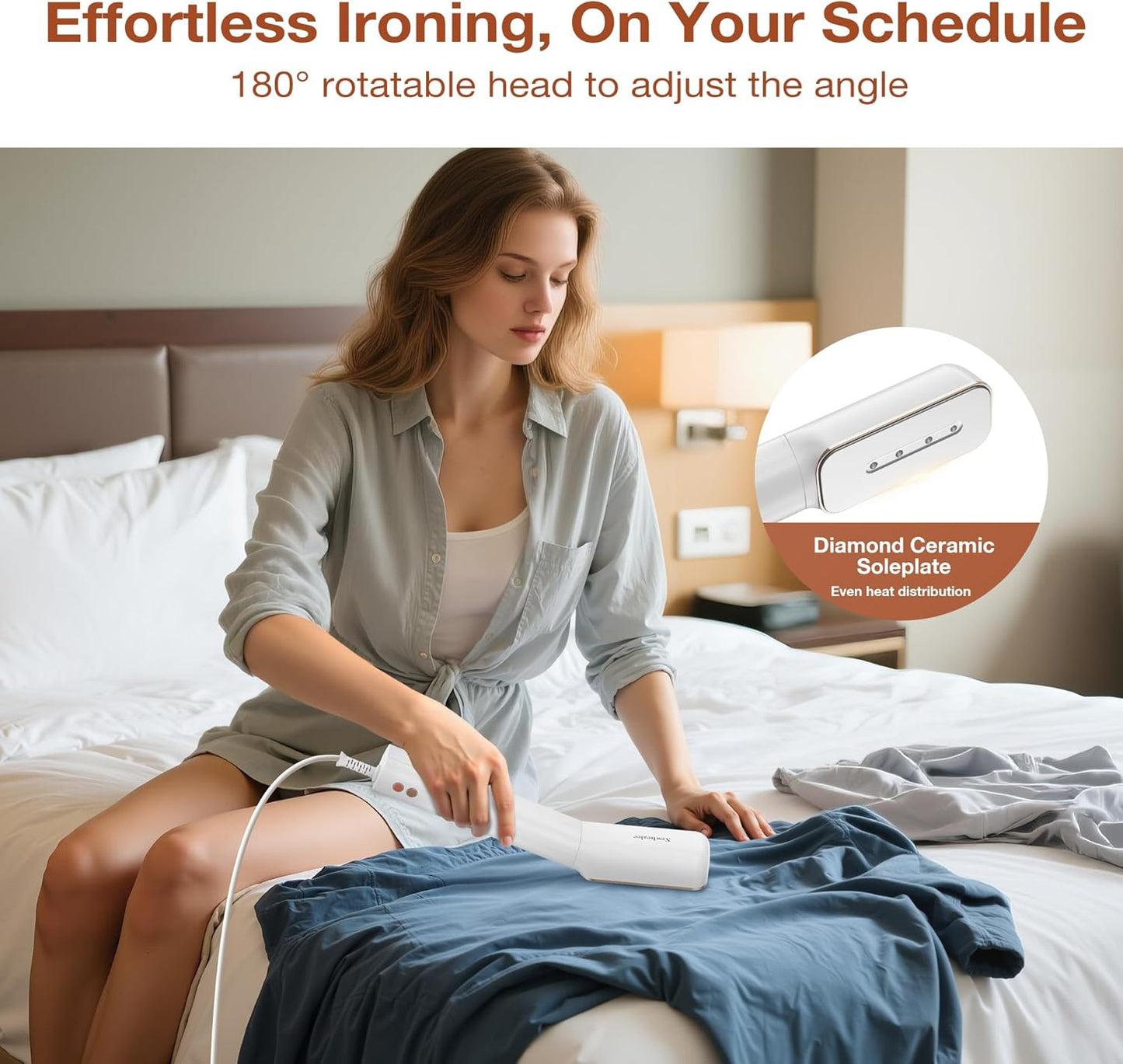 Newbealer 2in1 Travel Iron with Global Voltage, 100-240V Clothes Steamer, Dry Ironing & 2 Steam Levels, Non-Stick Ceramic Soleplate, Fabric Wrinkle Remover, Auto-off, Self Cleaning, No Clamp (Gold)