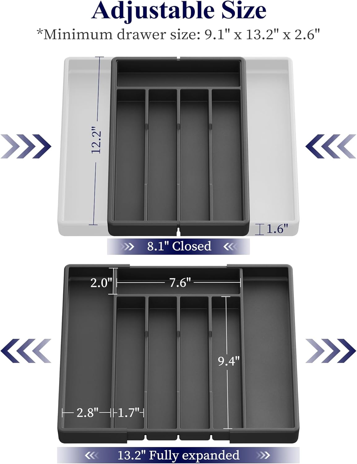 Kitsure Silverware Organizer for Drawers - Expandable Cutlery and Utensil Drawer Organizer with Easy Maintenance, Premium PP Kitchen Organizers and Storage for Flatware, Black, 13.2" x 12.2" x 1.6"