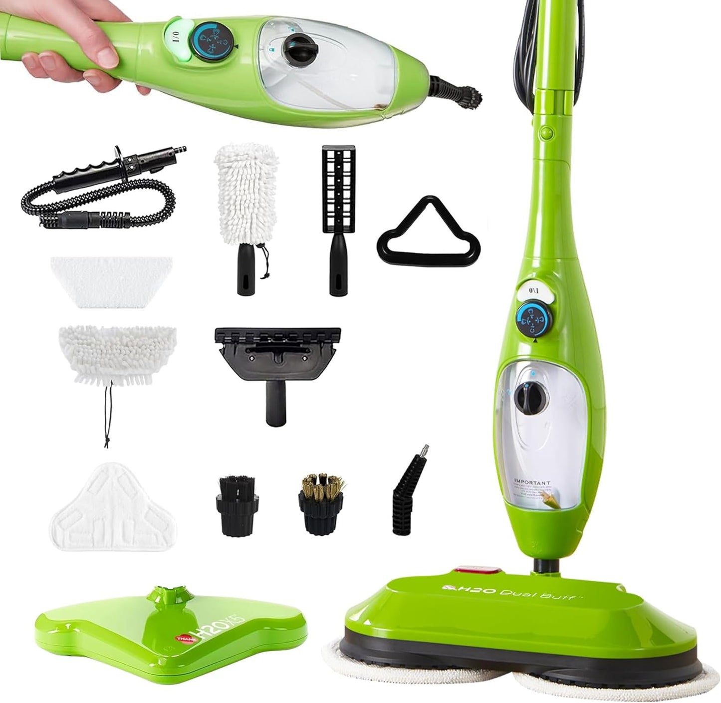 H2O X5 Dual Buff Steam Mop, 8 in 1 Handheld Steam Cleaner For Kitchen Tile Floors, Hardwood Floors, Grout Cleaner, Upholstery Cleaner and Carpets, 2 washable scrub pads, 11 cleaning accessories