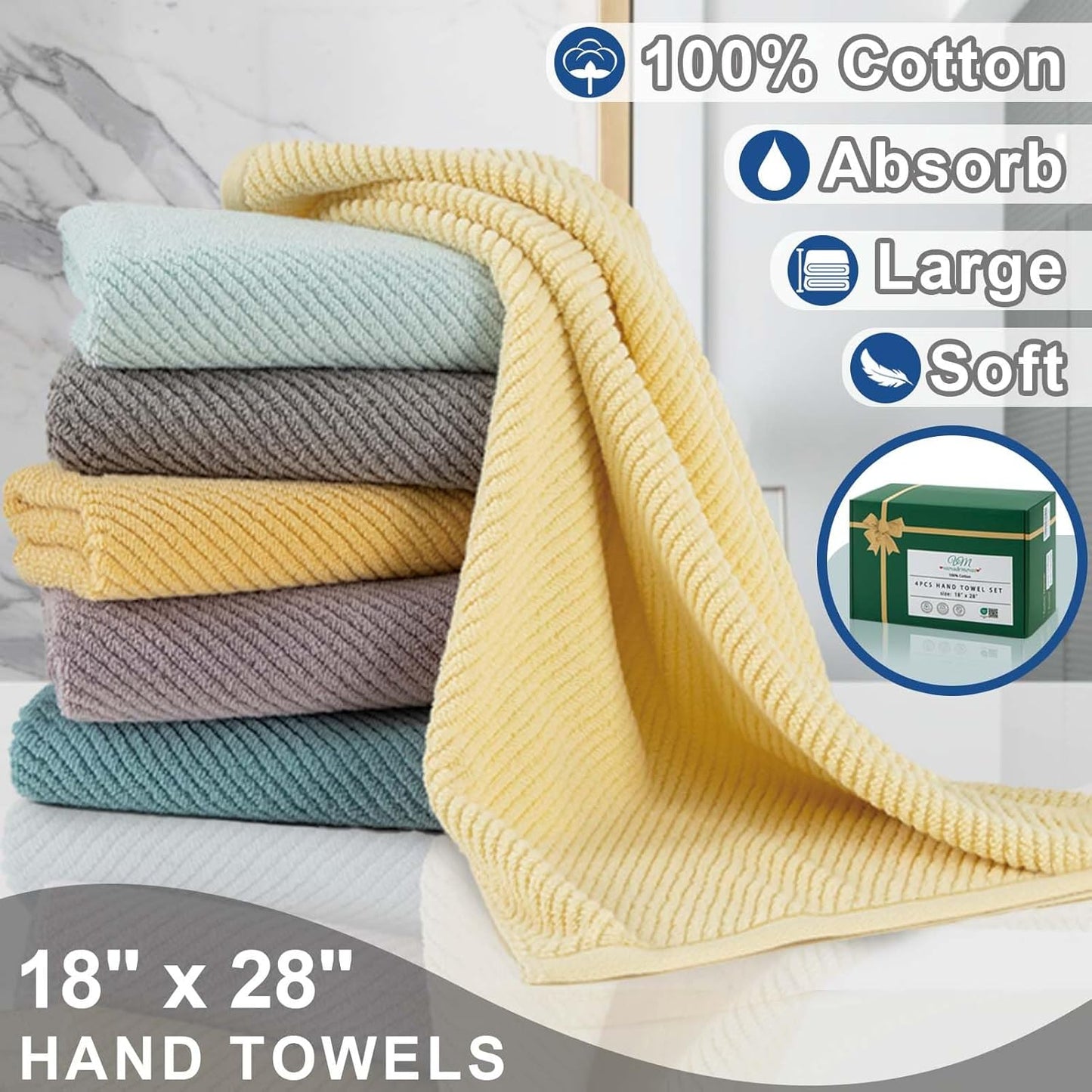 VOOVA & MOVAS Blue Hand Towels for Bathroom, 4 Pack Large 18"x28" - 100% Cotton | Quick Dry | Thick | Soft | Lightweight, Bathroom Hand Towels, Luxury Towel Gift Set, Denim Blue