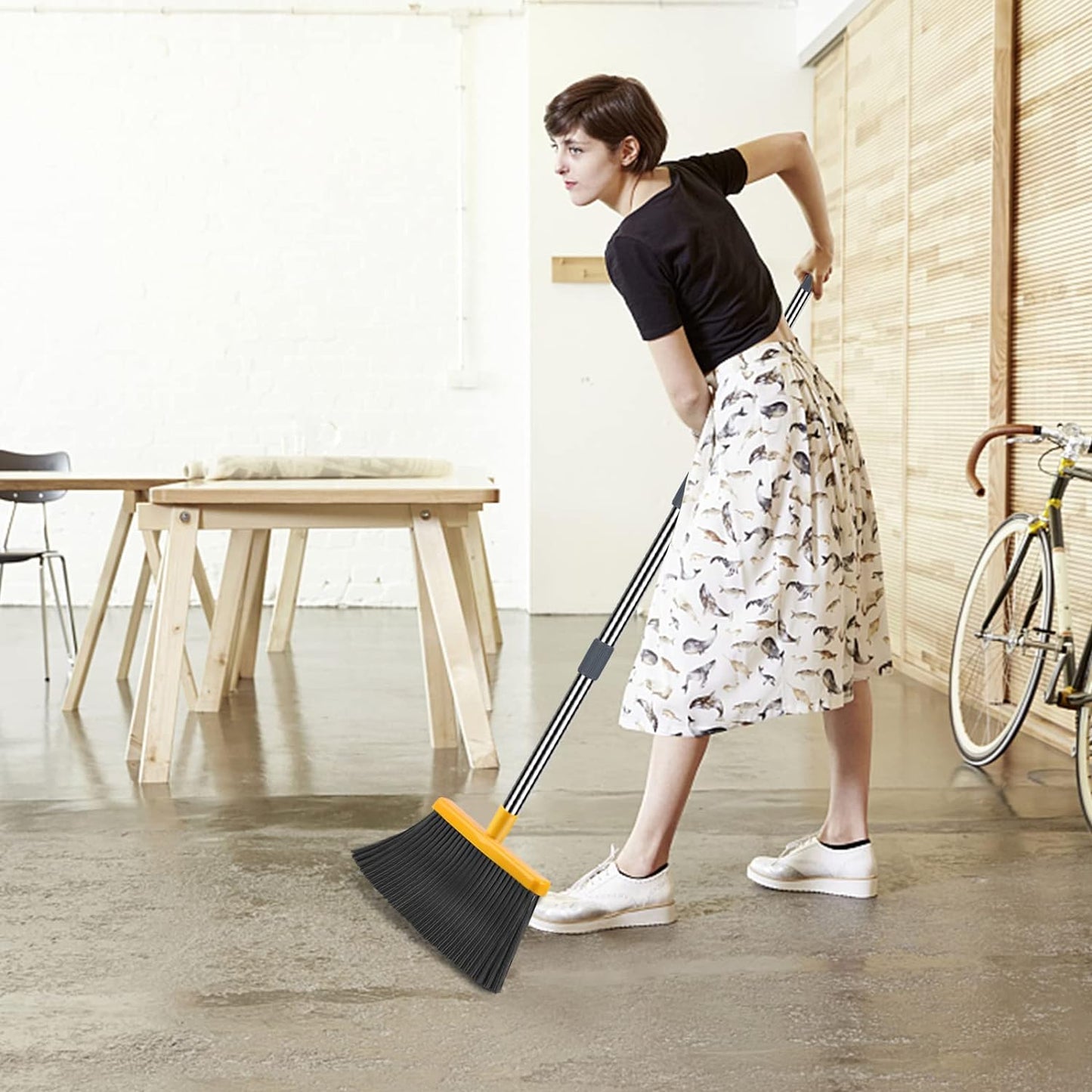 kelamayi Upgrade Broom and Dustpan Set, Broom with Dustpan Combo Set, Self-Cleaning with Dustpan Teeth, Indoor&Outdoor Sweeping, Stand Up Broom and Dustpan (Gray&Yellow)