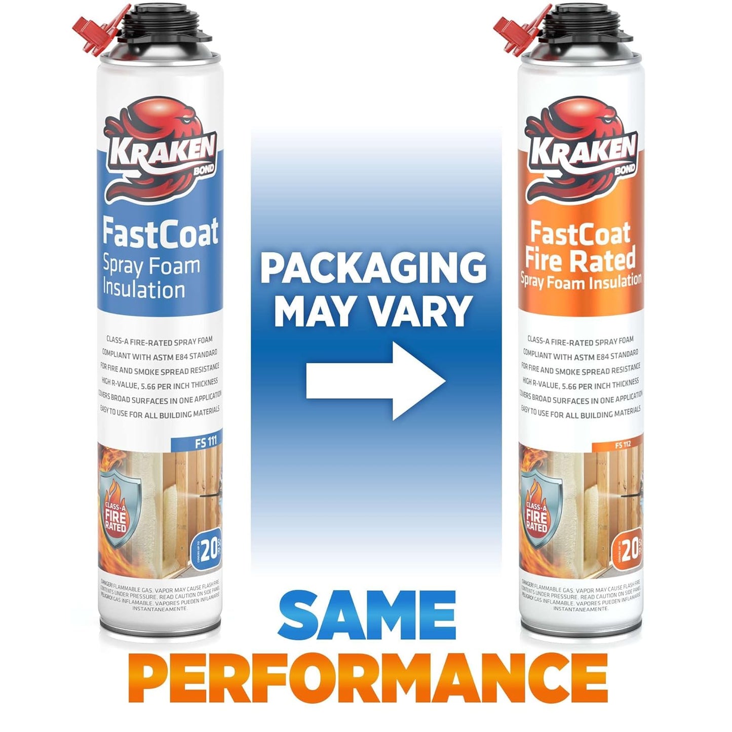 Kraken Bond Fastcoat Fire Rated Spray Foam Insulation Kit Closed Cell in a Can 40 sq ft (2x27.1 oz.) (R-Value 11.32 / 2in) - Spray Foam for Garage Door, Attic, Wall Gun & Cleaner Not Included, 2 Pack