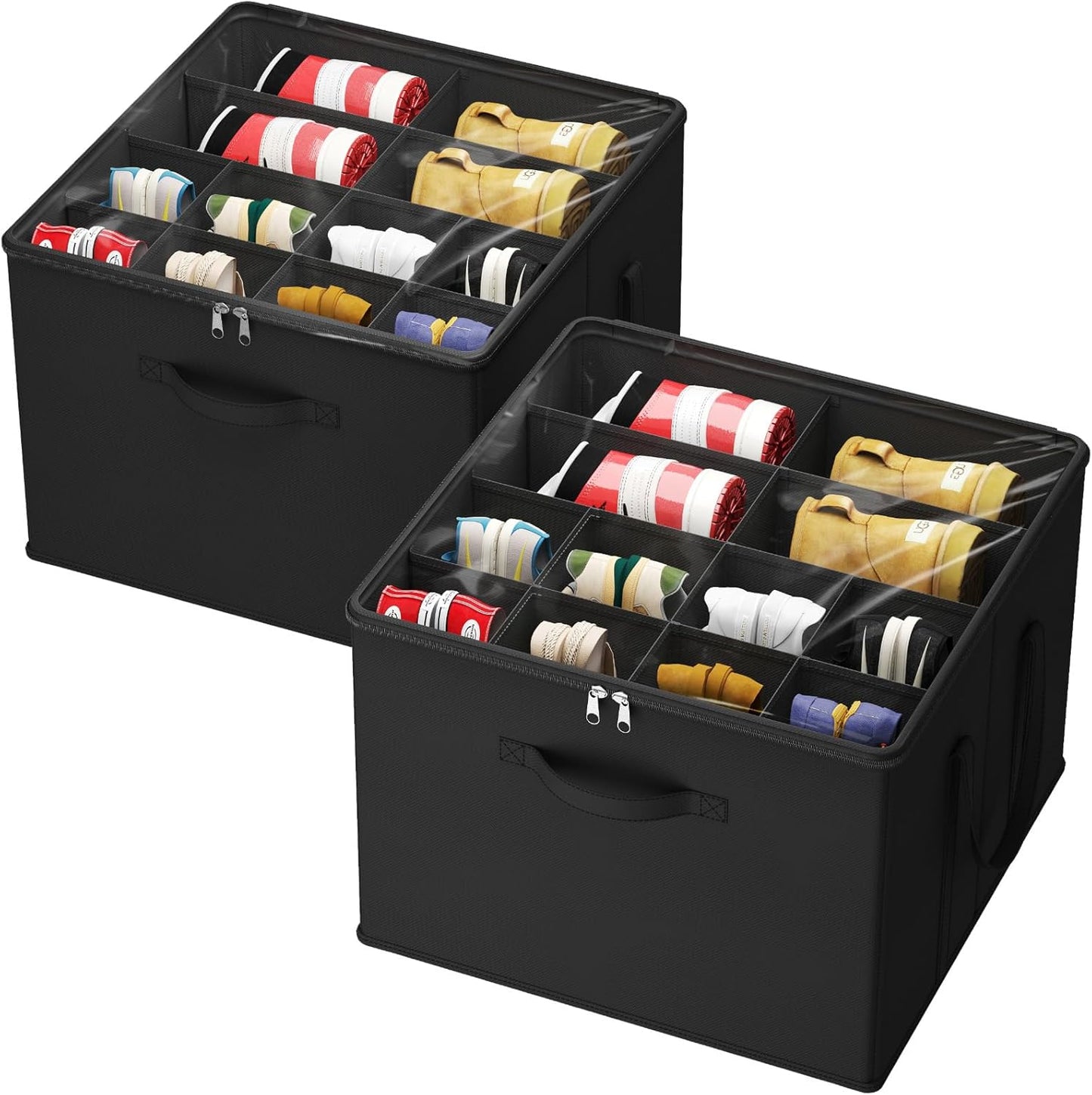 Lifewit Shoe Storage Organizer for Closet Fits 12-16 Pairs, Fabric Large Shoe Box Storage Container with Clear Cover, Foldable Bins Fit for Boots Heels Sneakers 17"(L) x 17"(W) x 12.5"(H) 2 Pack Black