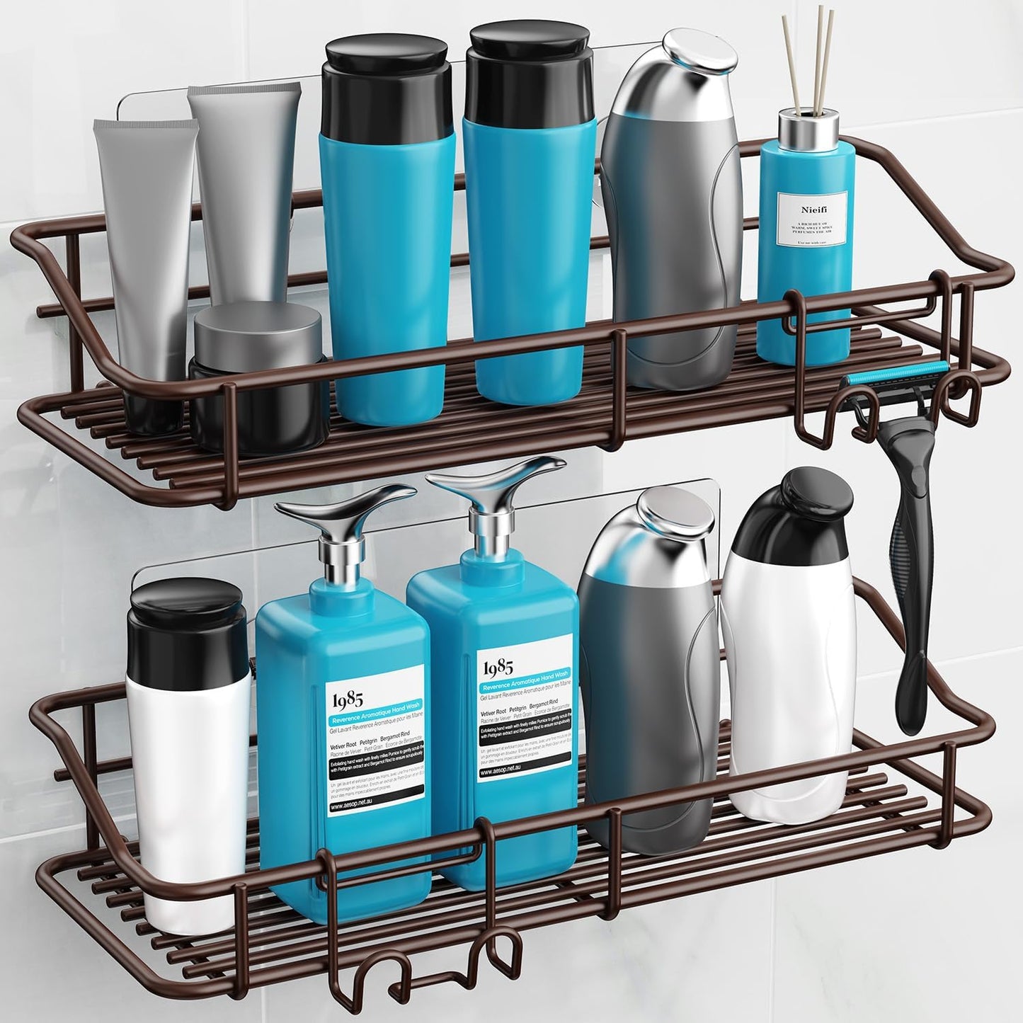 Nieifi Shower Caddy Shelf Storage Rack Adhesive Without Drilling Stainless Steel with Hooks for Washroom, Lavatory, Restroom, Toilet, Bathroom, Kitchen - 2 Pack Bronze