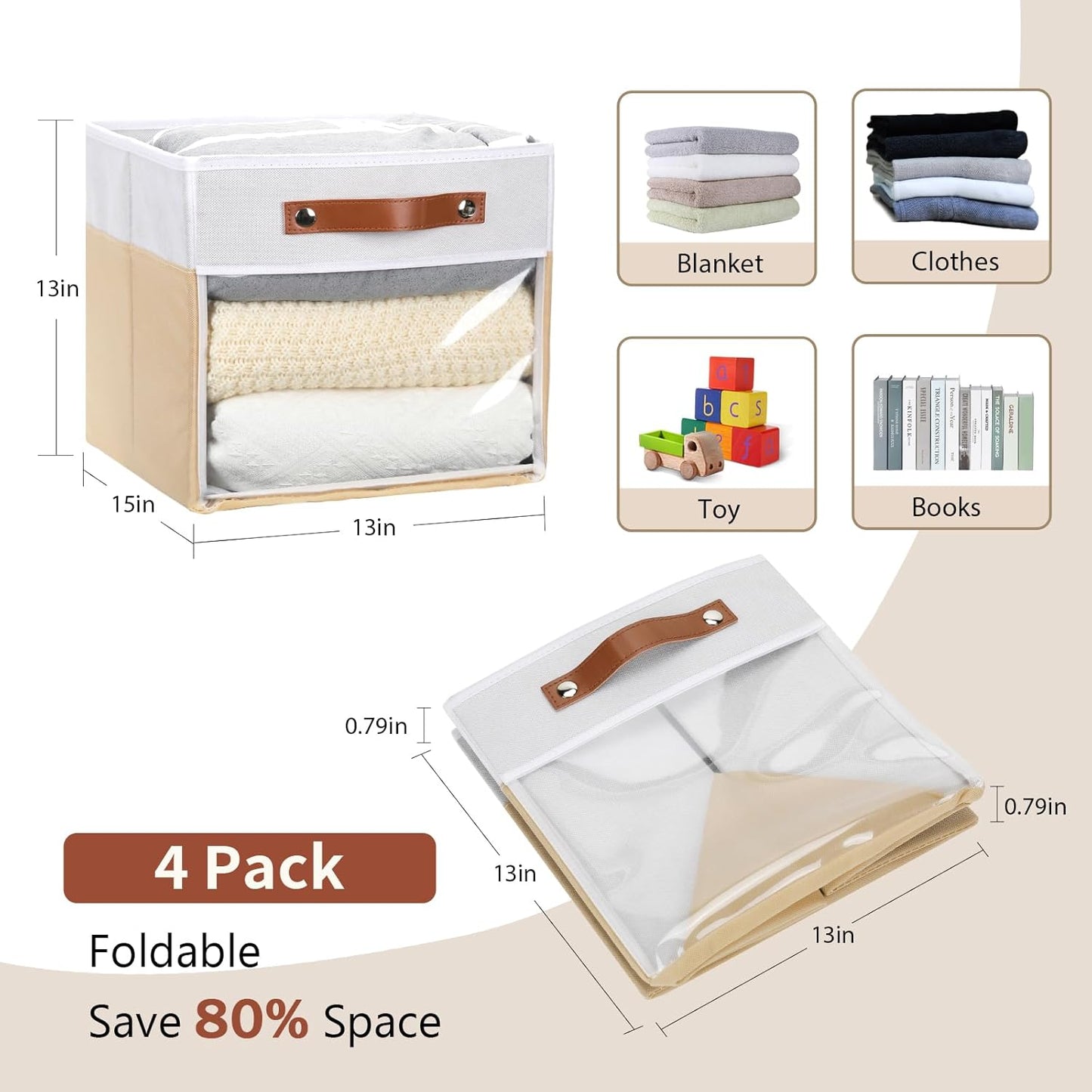 HNZIGE Fabirc Storage Cube Bins 13x13x15 Storage Cube Bins, 4 Pack Foldable Decorative Clear Cube Storage Bins for Cube Organizer Canvas Cubby Storage Organizer Bins for Shelves Pantry- White Beige