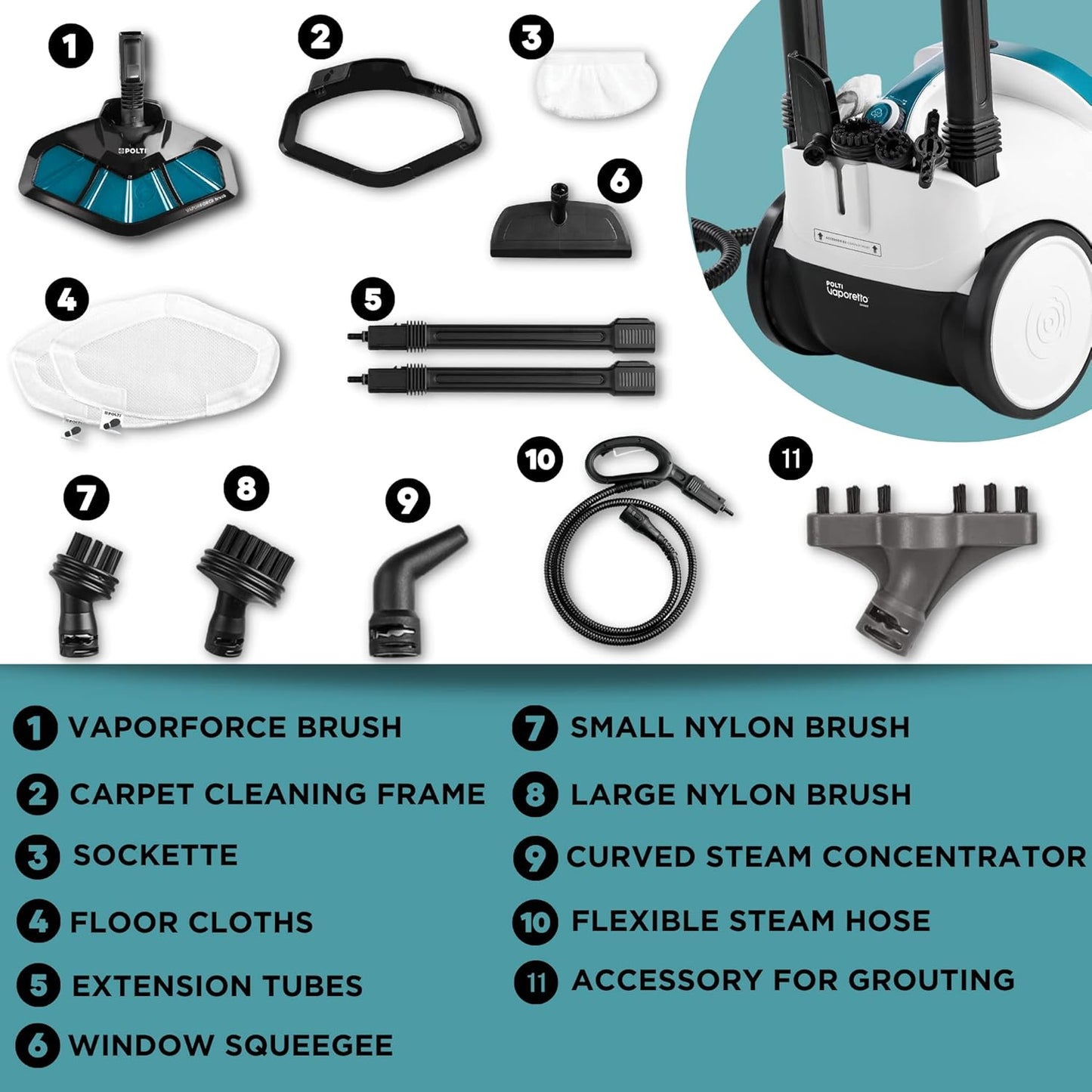 POLTI Vaporetto Smart 100 Steam Cleaner with Unlimited Steam Technology, Sanitize Floors, Carpets and Surfaces Adjustable High Power Steam Pressure Up to 58 PSI with 10 Accessories 1 Year Warranty