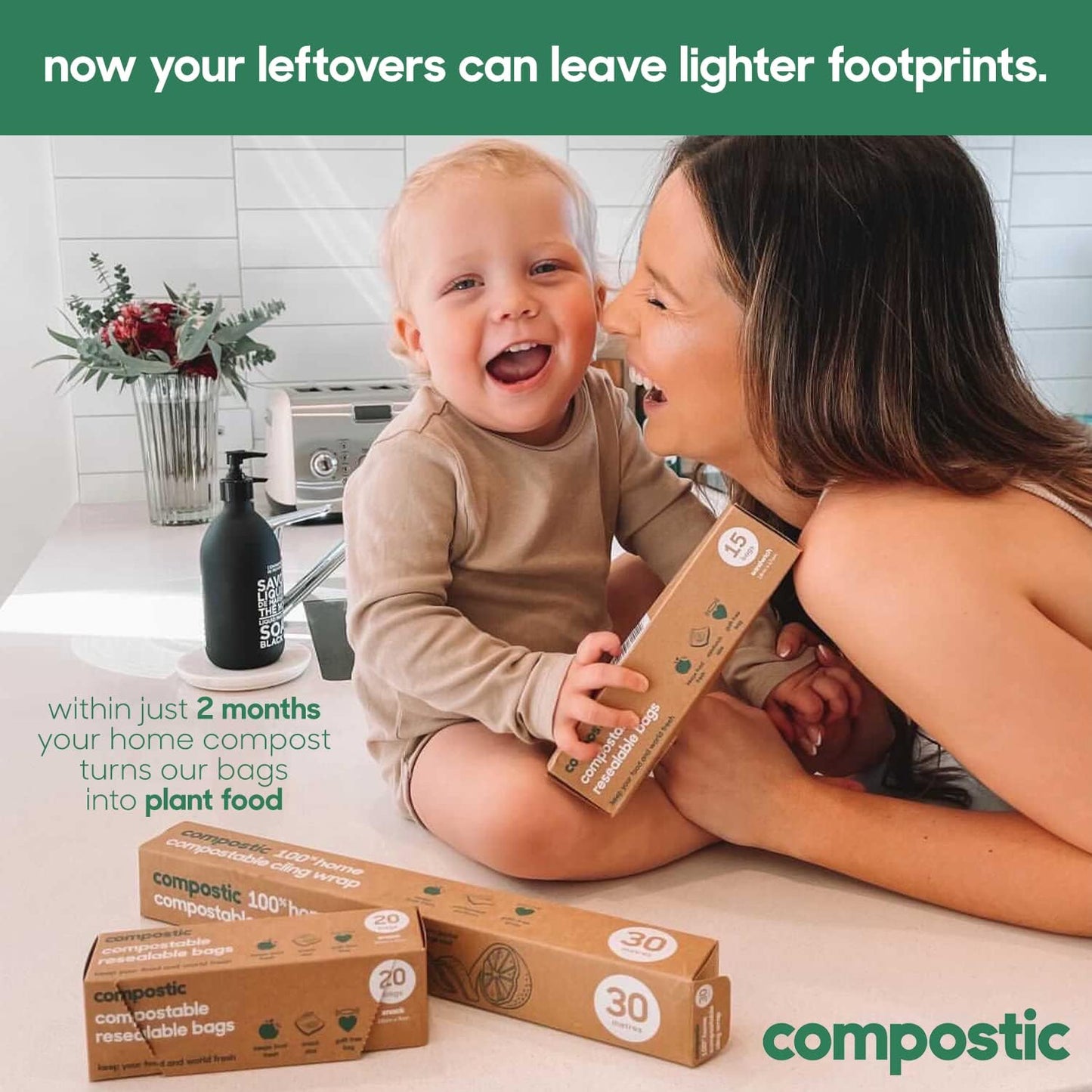 Compostic Home Compostable Resealable Sandwich Bags (7"x7"), Microwave & Freezer Safe, Organic Food Storage Container, 30 Count (Pack of 2)