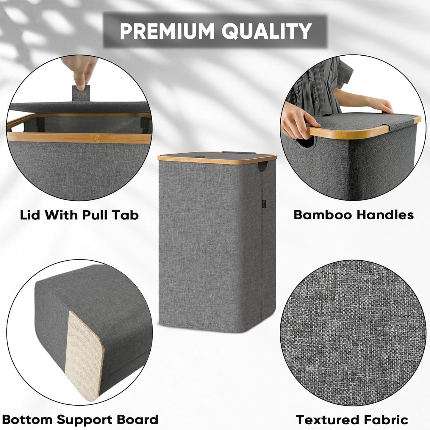 BALEINE Laundry Hamper with Lid, Tall Laundry Baskets with Bamboo Pull Handles, Large Laundry Bin with Internal Support (18 Gal/70L, Grey)