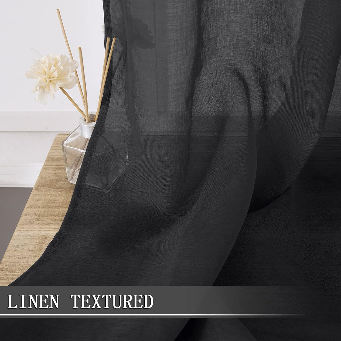 Tollpiz Sheer Curtains Linen Textured Bedroom Curtain Sheers Light Filtering Rod Pocket Voile Curtains for Living Room, 54 x 63 inches Long, Black, Set of 2 Panels