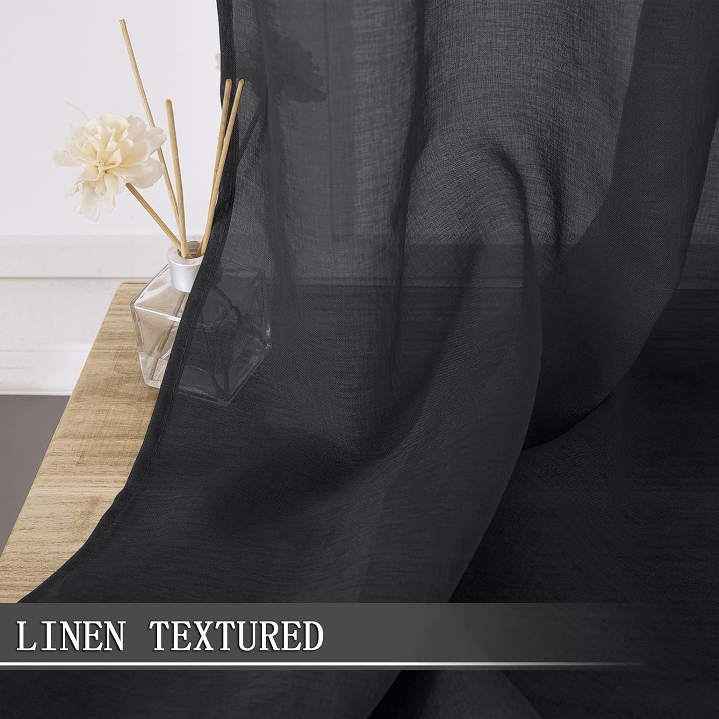 Tollpiz Short Sheer Curtains Linen Textured Living Room Curtain Sheers Light Filtering Rod Pocket Voile Curtains for Bedroom, 42 x 45 inches Long, Black, Set of 2 Panels