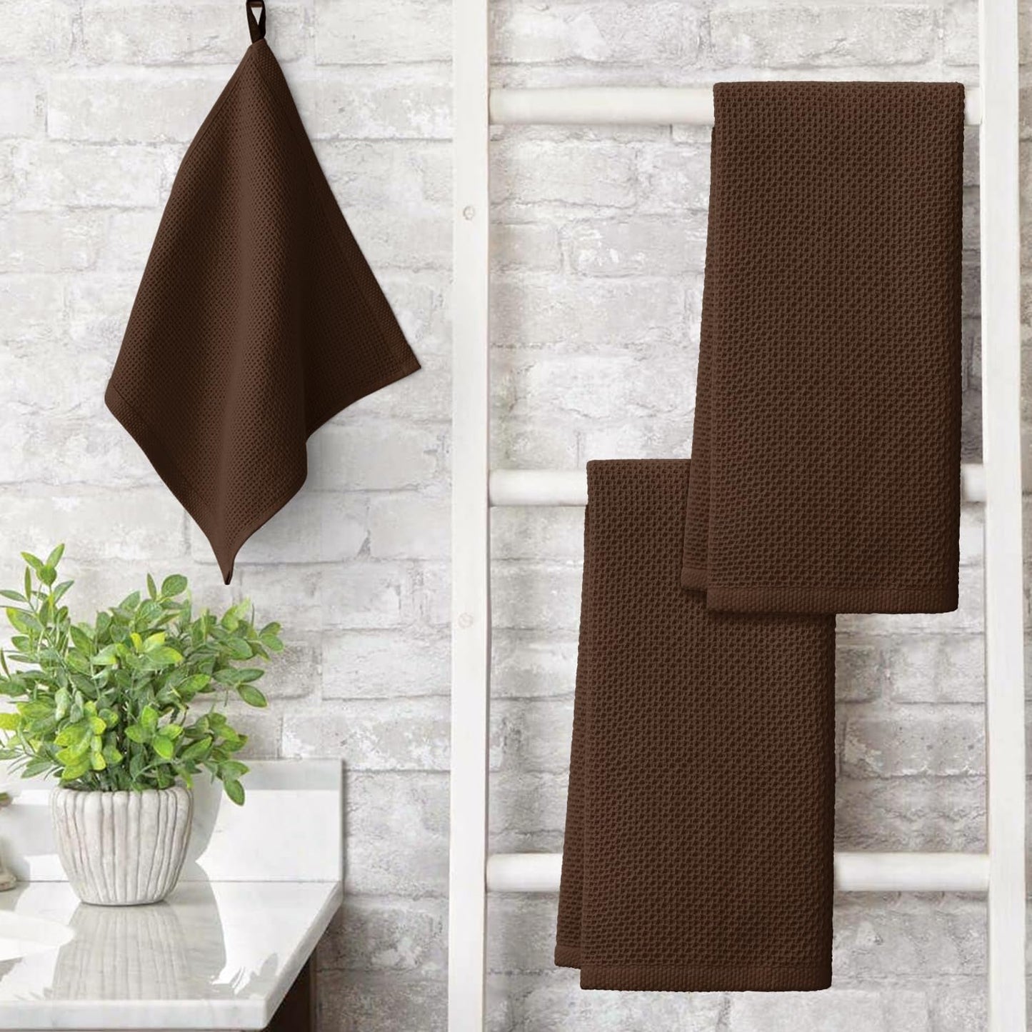 Artoid Mode 100% Cotton Dark Coffee Waffle Weave Kitchen Dish Cloths, 13x28 Inch Ultra Soft Absorbent Quick Drying Kitchen Dish Towels Set of 4
