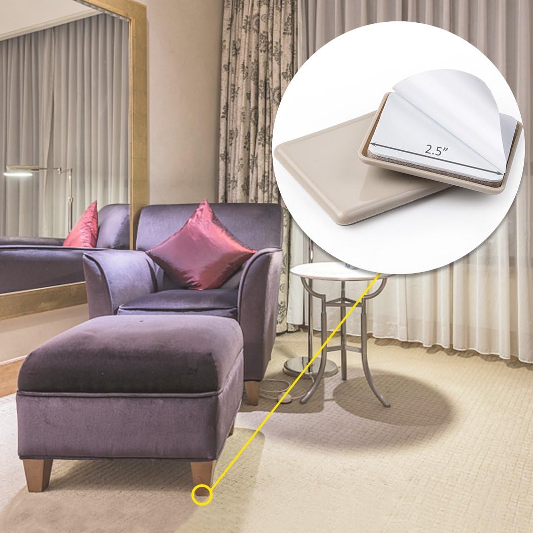 Ezprotekt 16 Pcs Self-Stick Furniture Movers Sliders for Carpet, 2.5 inch Square Self-Adhesive Furniture Moving Pads, Carpet Sliders for Moving Chair Table Desk Bed Sofa Couch Cabinet (Beige)