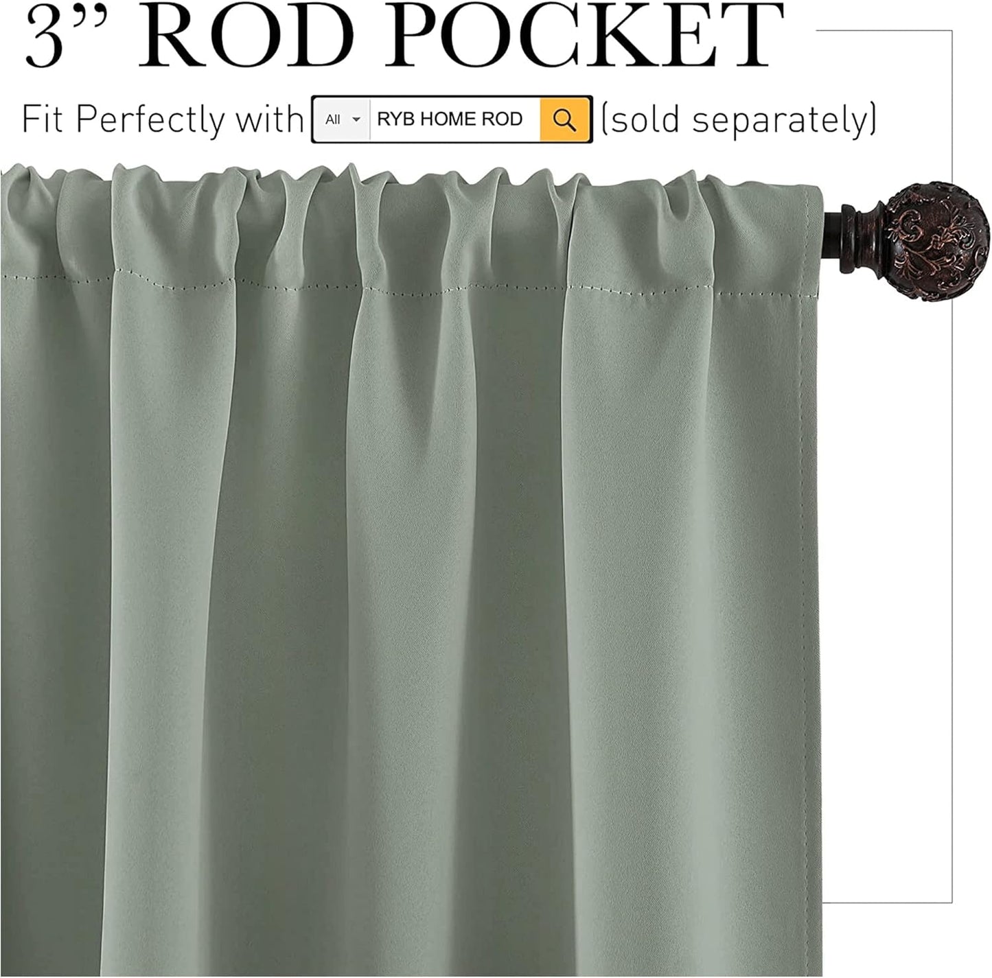 RYB HOME Short Curtains 36 inch 2 Panels Set, Room Darkening Small Window Drapes Thermal Insulated Cafe Curtains for Kitchen Dorm Transit Van, W42 x L36 inch, Grayish Green