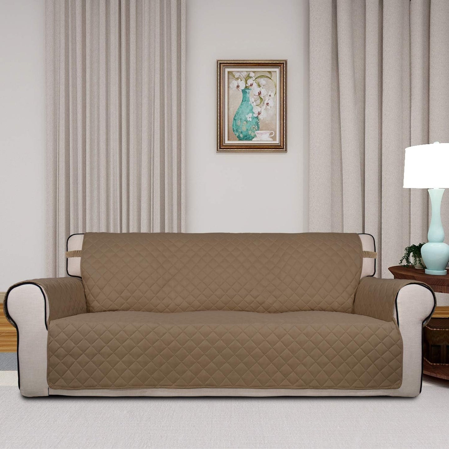 PureFit Reversible Quilted Sofa Cover, Water Resistant Slipcover Furniture Protector, Washable Couch Cover with Non Slip and Elastic Straps for Kids, Dogs, Pets (Sofa, Camel/Ivory)