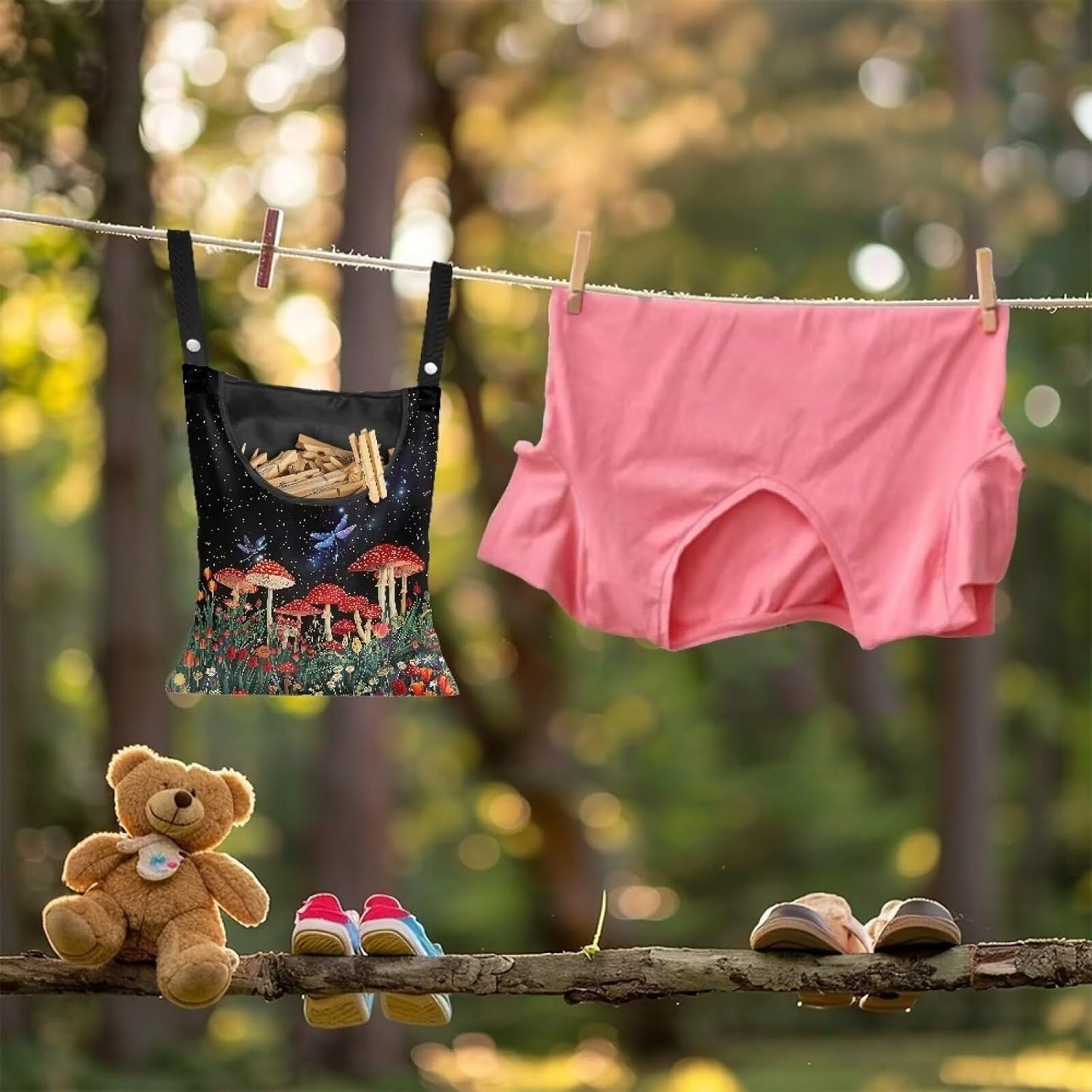 Red Mushroom Laundry Clothespin Bag - Adjustable Door-Hanging Storage Organizer with Rope for Home & Outdoor