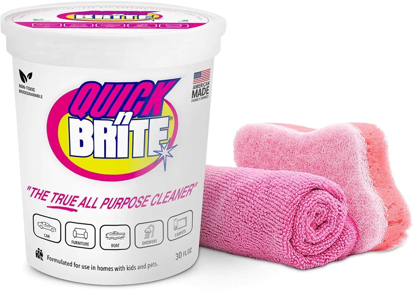 Quick 'n Brite All Purpose Cleaning Paste – Miracle Cleaner for Tough Stains, Biodegradable, Non-Toxic, Pet-Safe, Multi-Surface Stain Remover, Made in USA, 32 Oz Kit