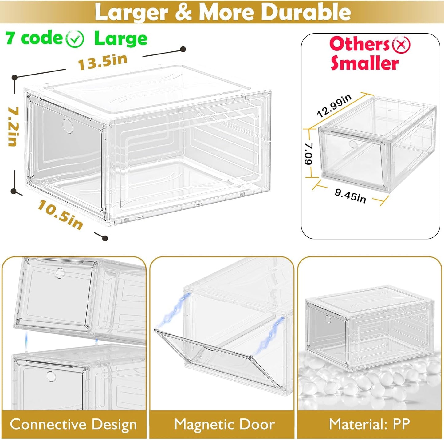 12 Pack Clear Shoe Storage Organizer with Magnetic Door,Stackable Plastic Shoe Boxes for Sneakers,Boots,and Heels,Space-Saving Foldable Shoe Rack for Closet,Durable Shoe Cabinet Organizer,White