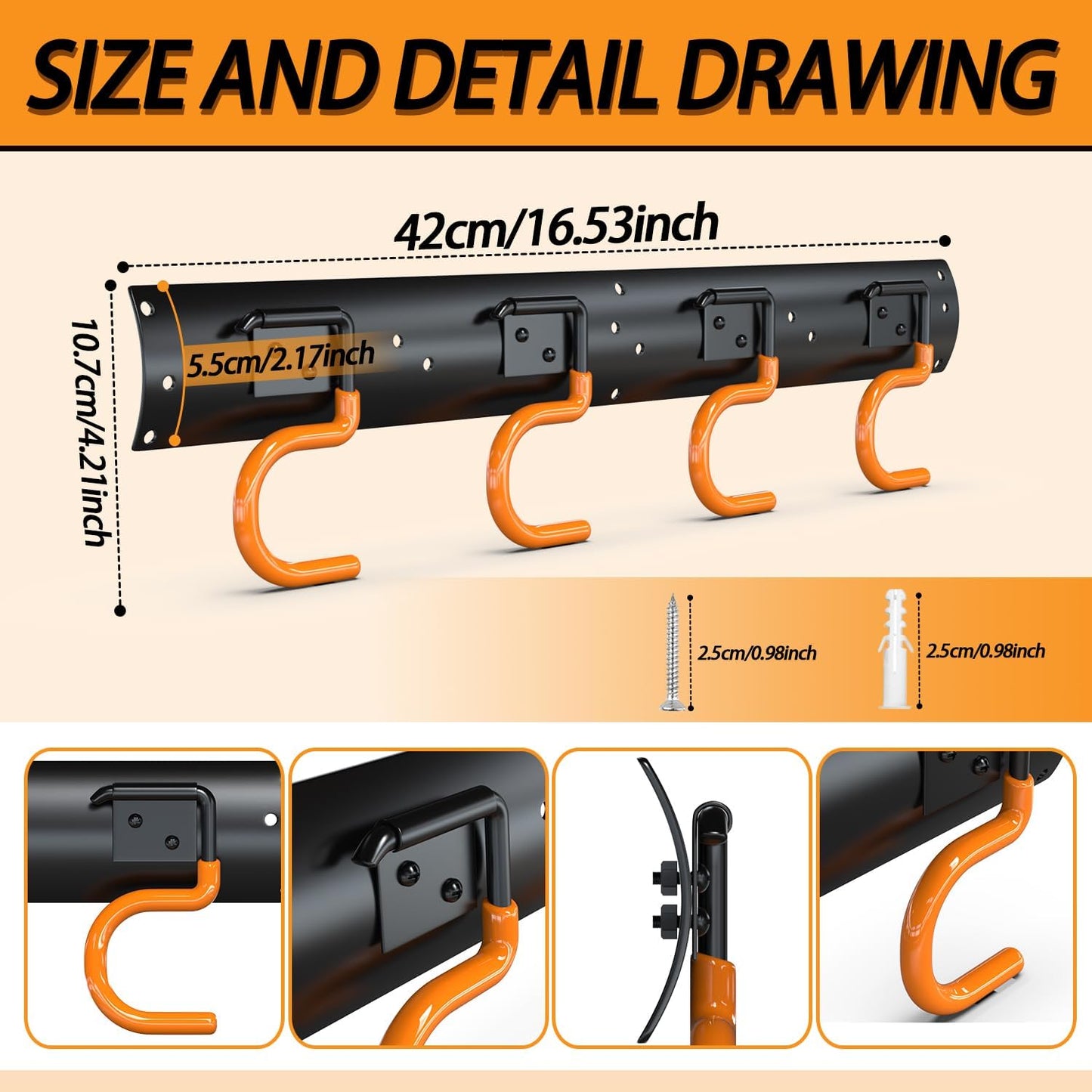 3-H 24×16" All Metal Garden Tool Organizer, Garage Tool Organizer, Broom Holder Wall Mount for Garage, Shed, Garden, Basement Hanging and Organizing Rake, Mop, Shovel, Hose