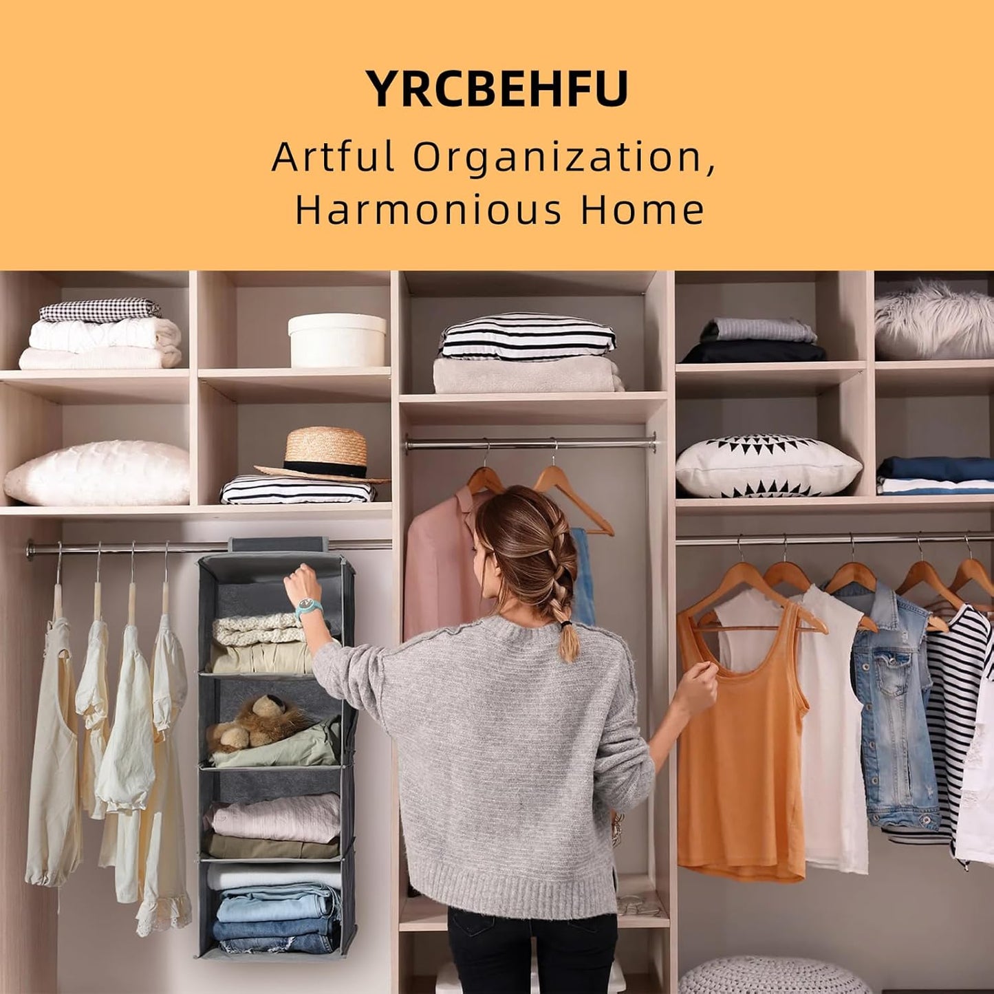 2 Packs Hanging Closet Organizer Storage, 3-Shelf Hanging Shelves for Closet, Closet Clothes Organizer and Storage with Side Pocket, Beige