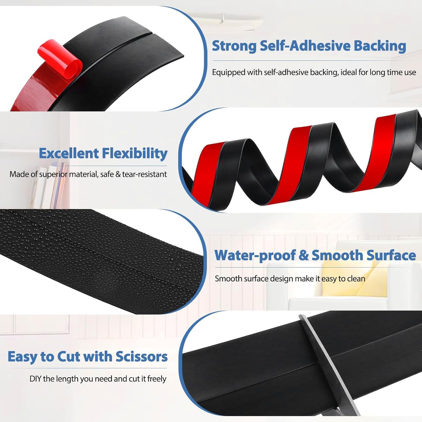 Weather Stripping Door Draft Stopper Flexible Self Adhesive Silicone Door Seal Strip for Glass Doors Windows and Shower Glass Gaps, 2 Inch Wide X 40 Feet Long, Black