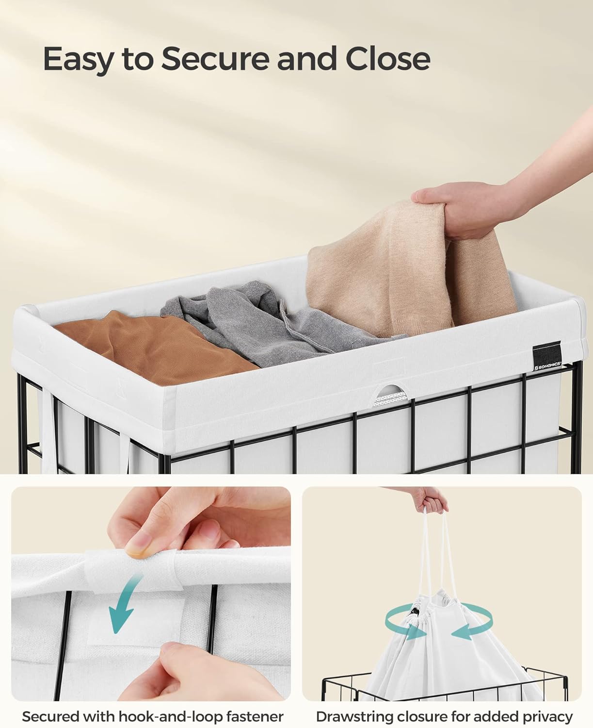 SONGMICS Laundry Hamper, 29 Gal. (110L) Laundry Basket, Collapsible Clothes Hamper, Removable and Washable Liner, Metal Wire Frame, for Bedroom Bathroom, Cream White ULCB111W01
