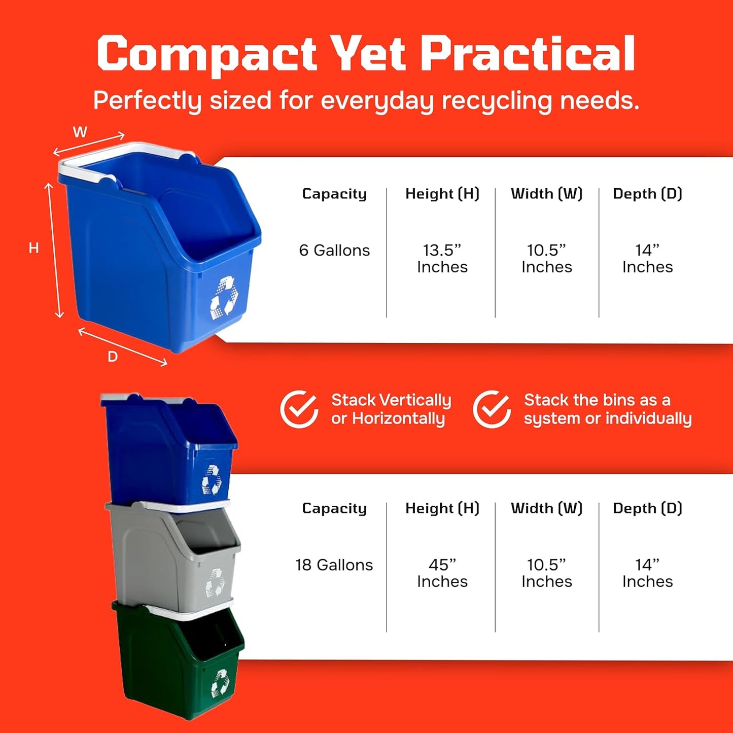 Multi Bin Recycling System with Three Stackable 6 Gallon Recycle Bins to Build Your Recycling Center for Offices, Kitchen, Garages, Businesses (3 Pack, Blue/Grey/Green)