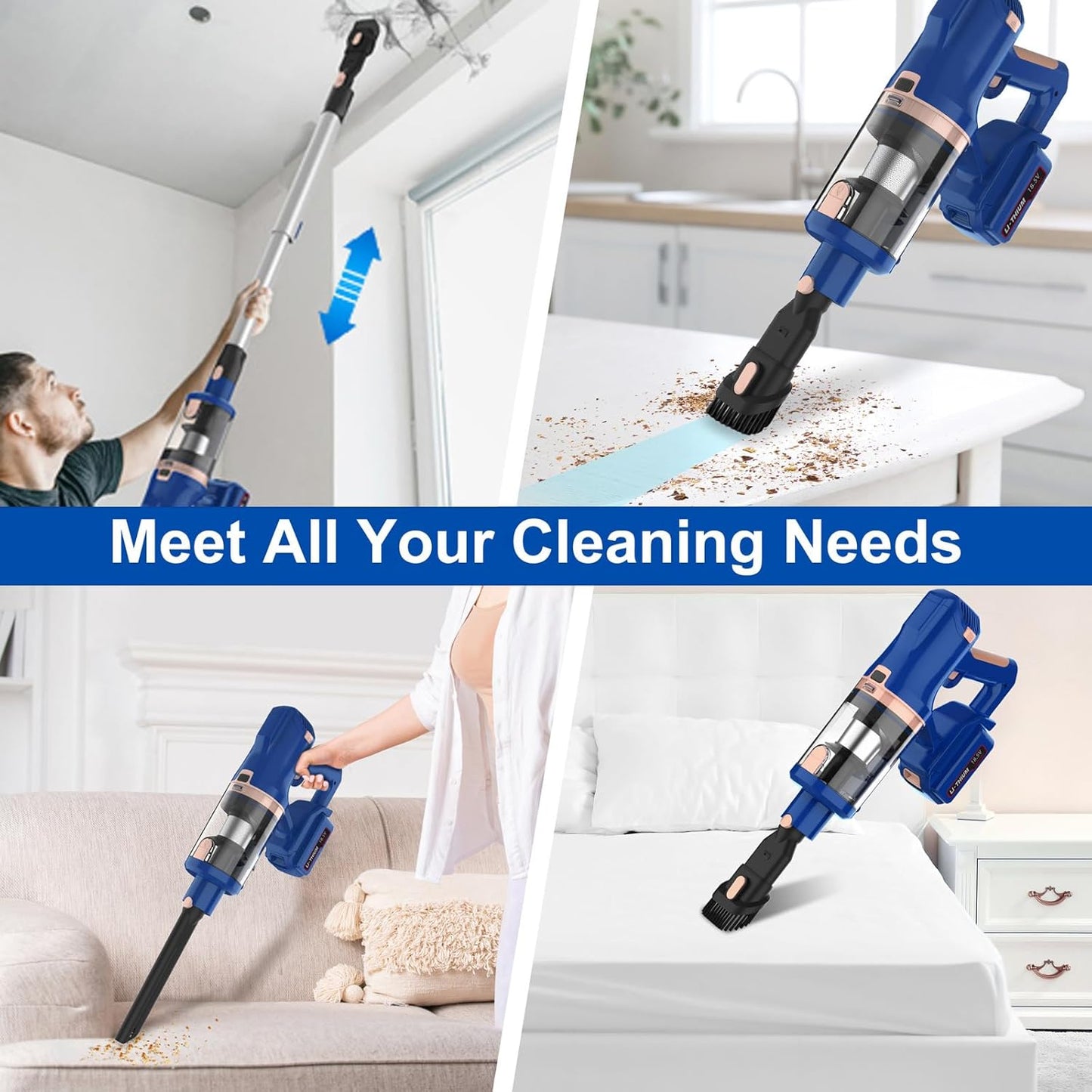 Cordless Vacuum Cleaner for Home, 45Kpa 300W 60Mins Stick Vacuum Cleaner with Touch Screen, 8-in-1 Rechargeable Battery Cordless Vacuum, LED Lightweight Vacuum for Pet Hair Carpet Hardwood Floors