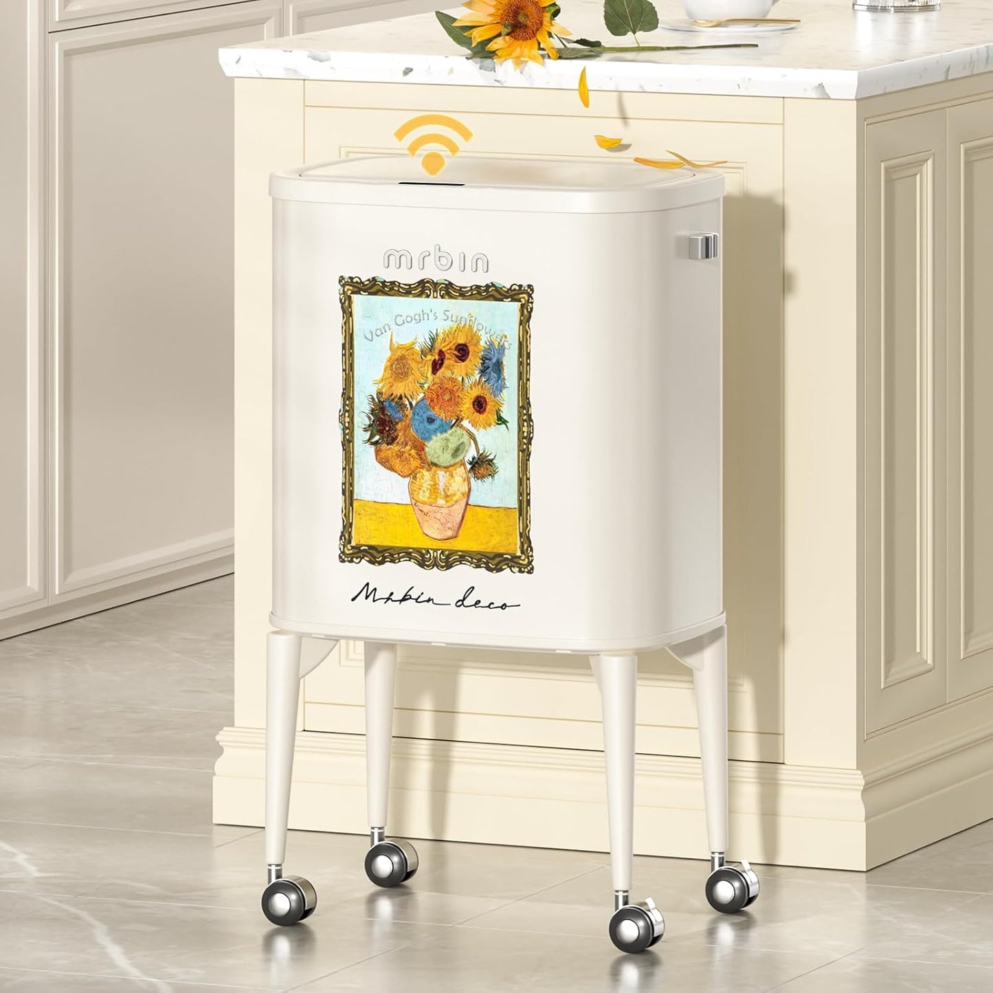 MRBIN Metal Motion Sensor Kitchen Trash Can with Wheel Legs, 36L / 9.5gal Medium Press Lid Slim Waste Basket, Pet Proof Tall Narrow Garbage Pail for Vanity, Bedroom, Bathroom, Living Room, Sunflower