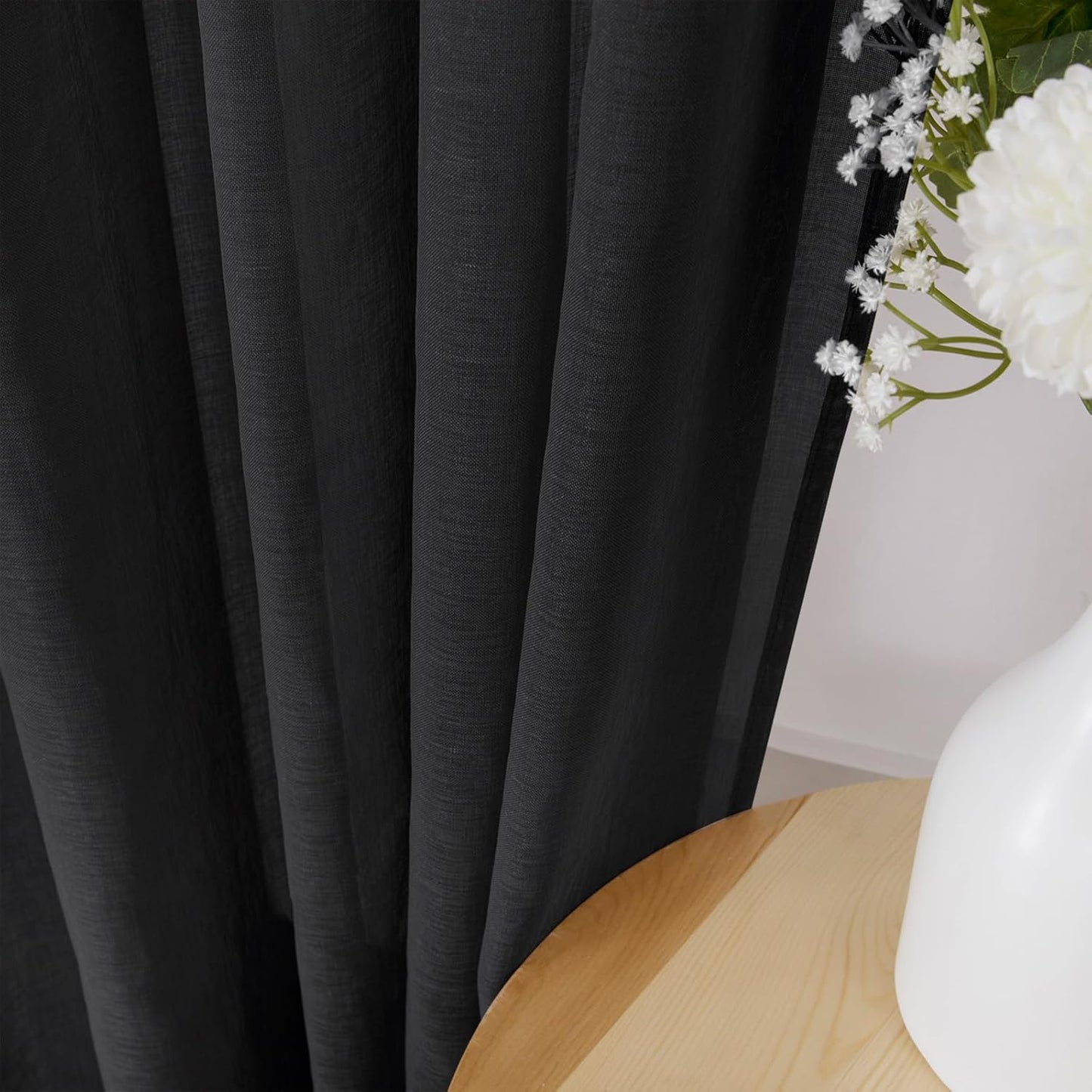 Tollpiz Short Sheer Curtain Living Room Linen Textured Curtains Sheer Light Filtering Voile Rod Pocket Curtain for Bedroom, 38 x 54 inches Long, Black, Set of 2 Panels