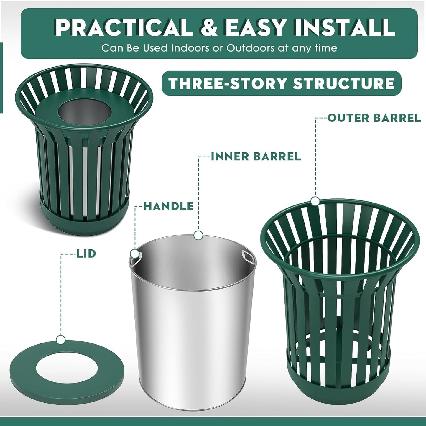 16Gallon/62L Commercial Outdoor & Indoor Metal Trash Can, Outdoor Slatted Trash Receptacle with Metal Linner, All Weather Resistant Large Outside Zone Round Garbage Bin for Street, Park, School-Green