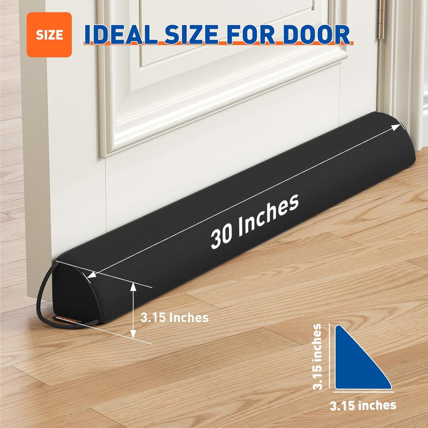 MAGZO Door Draft Stopper 30 Inches, 2 Pack Weighted Triangular Door Snake for Winter Noise Blocker with Hook Loops,Black