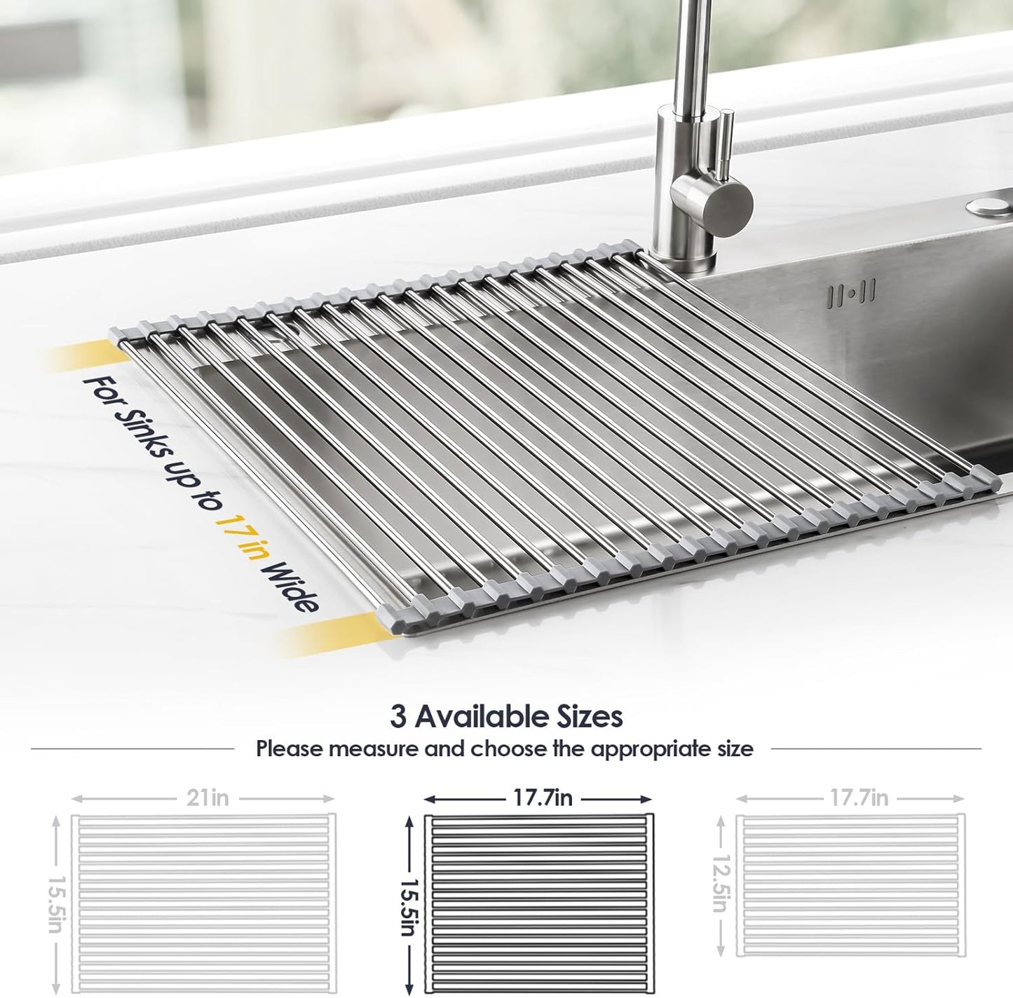 Tomorotec 17.7" x 15.5" Roll Up Dish Drying Rack Over Sink Drying Rack Sink Cover Kitchen Sink Accessories Gadget Multipurpose Organizer Foldable Stainless Steel Drainer (Grey)