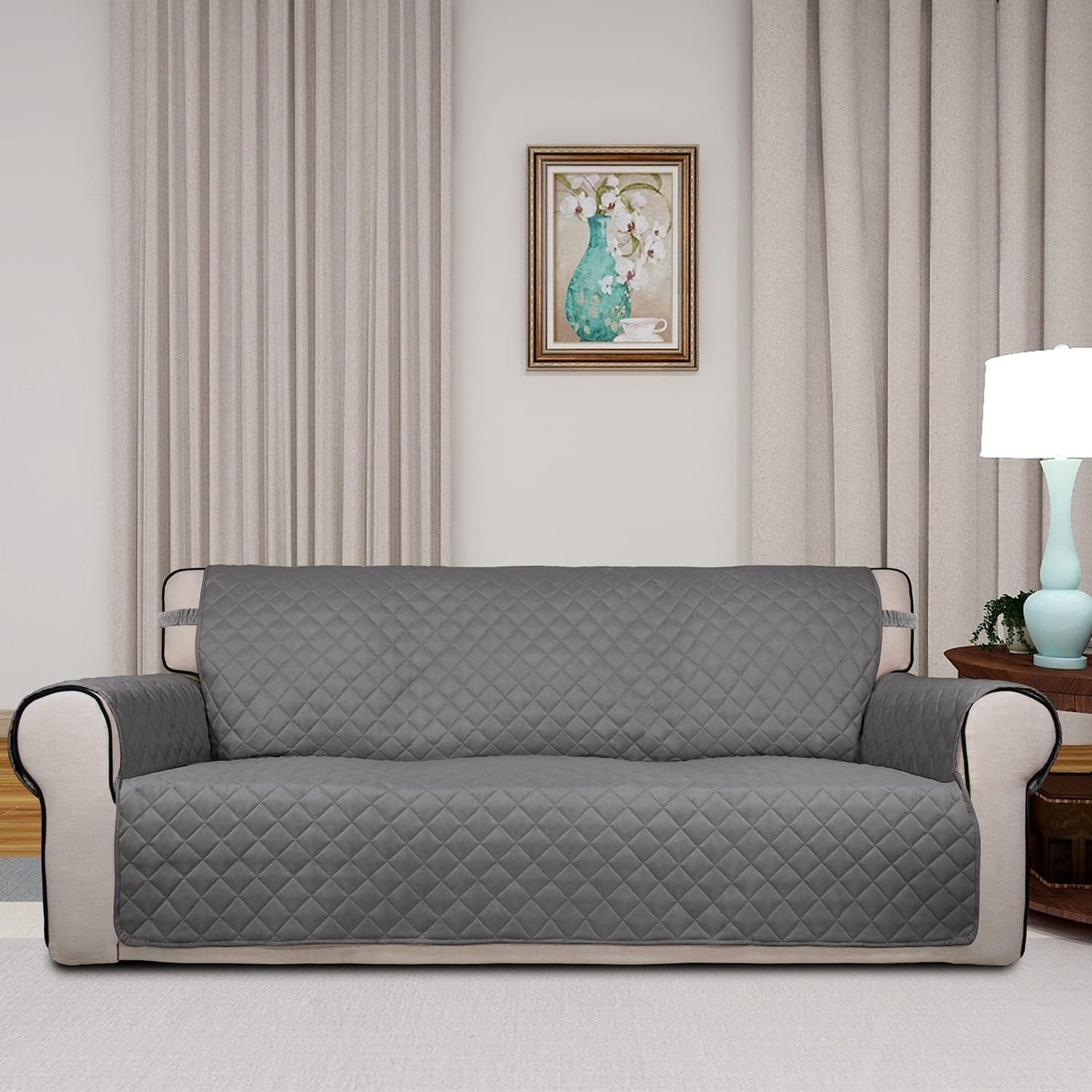 PureFit Reversible Quilted Sofa Cover, Water Resistant Slipcover Furniture Protector, Washable Couch Cover with Non Slip and Elastic Straps for Kids, Pets (Oversized Sofa, Gray/Gray)