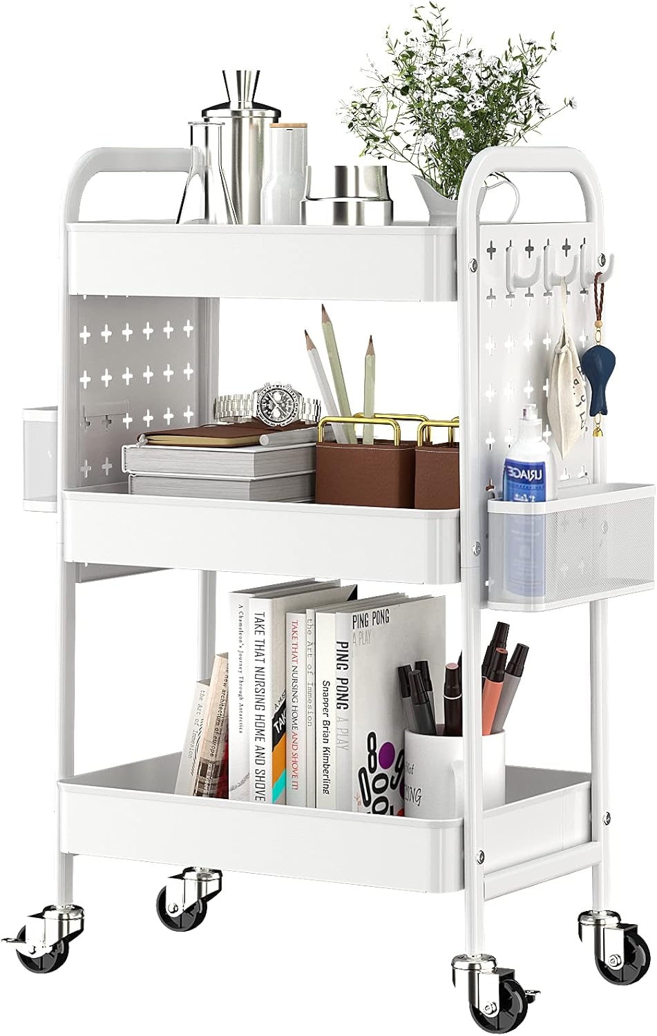 TOOLF 3-Tier Rolling Cart, Metal Utility Storage Cart with DIY Pegboards, Art Craft Trolley with Baskets Hooks, Serving Organizer Easy Assemble for Office, Home, Kitchen, Classroom (White)