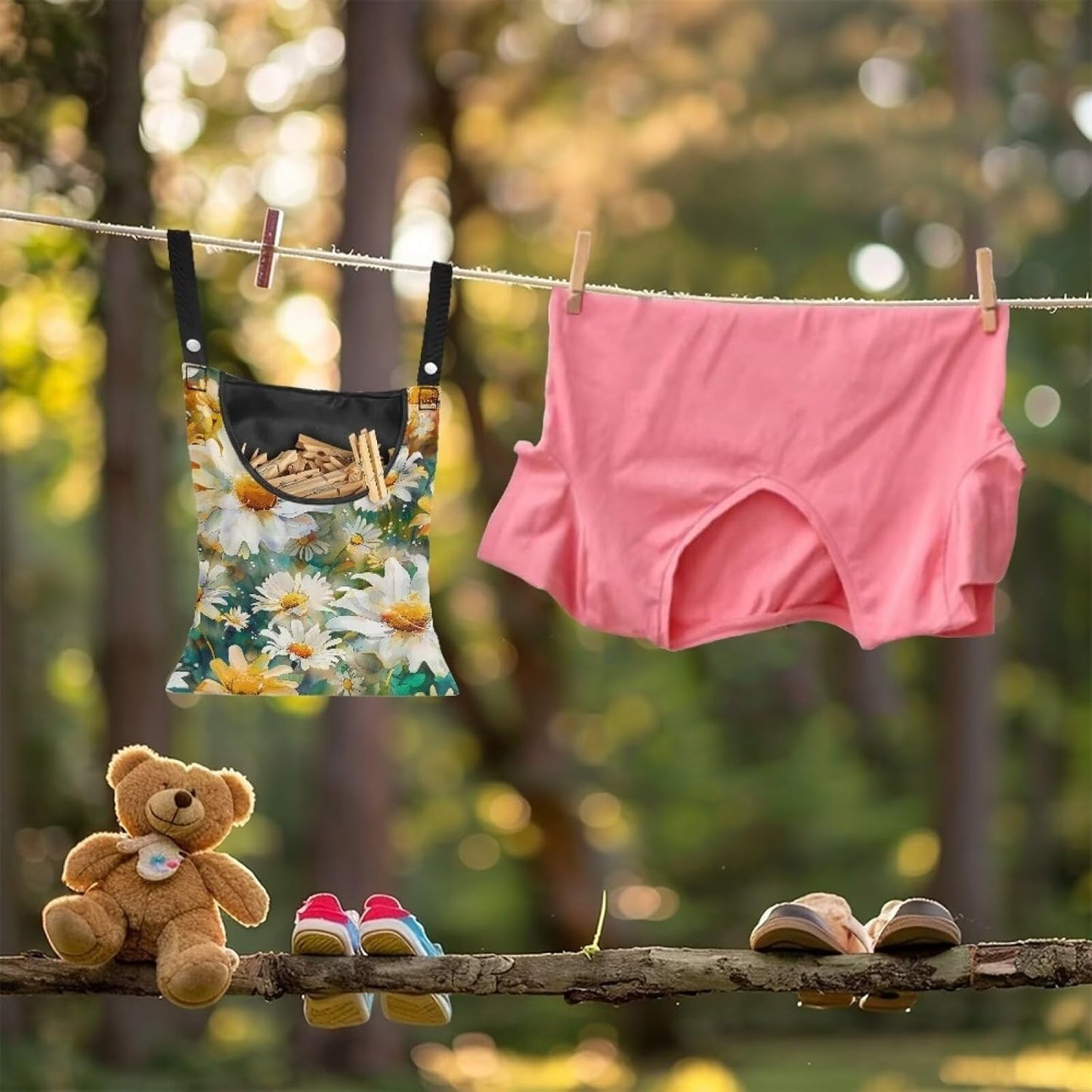 Daisy Clothespin Organizer Bag Shell Beach Clothespin Bags with Hanging Hook Waterproof Clothes Pin Storage Organizer with Large Opening Clothespin Bag for Clothesline Outdoor