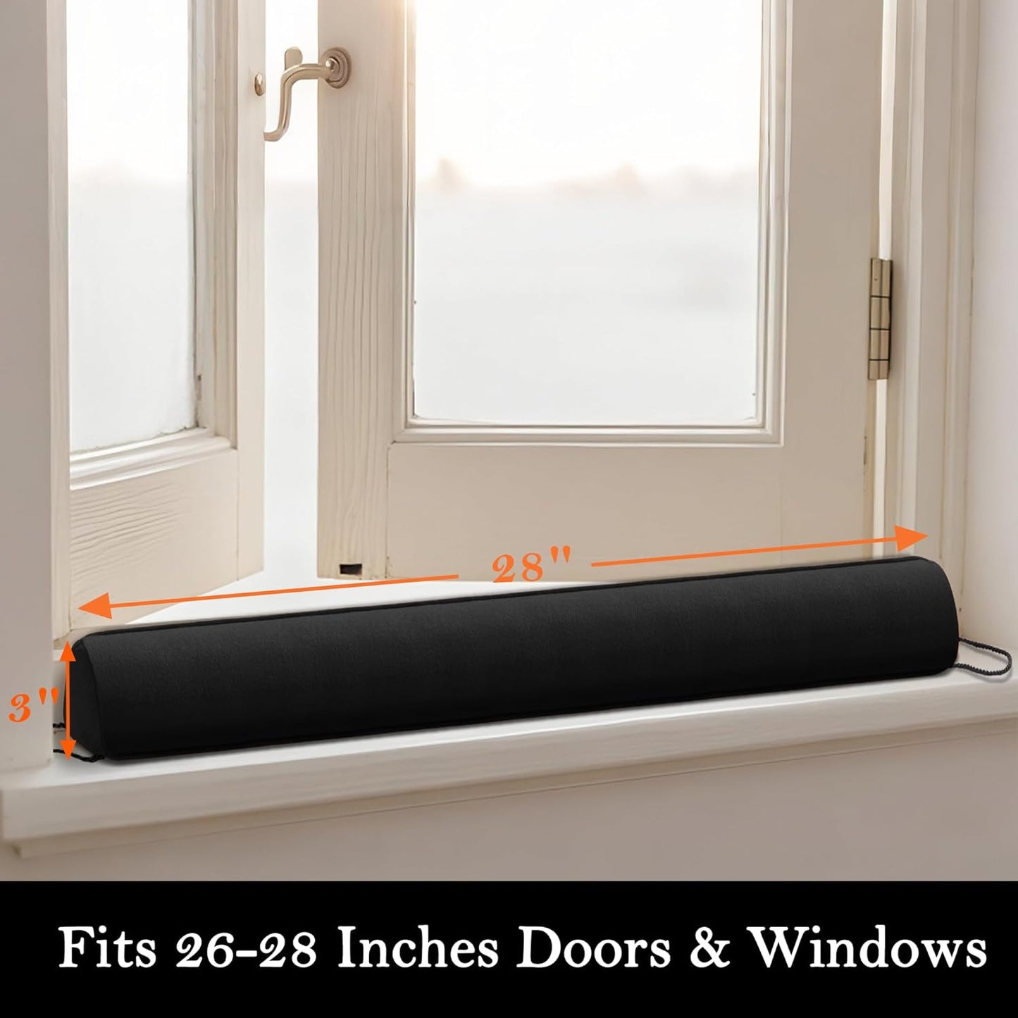Sunolga 28" Door Draft Stopper Blocks Hot and Cold Air with Removable Washable Cover for Gaps Up to 3", All-Season Seal for Noise, Door Sweep for Bottom of Door and Window, Home Essentials, Black