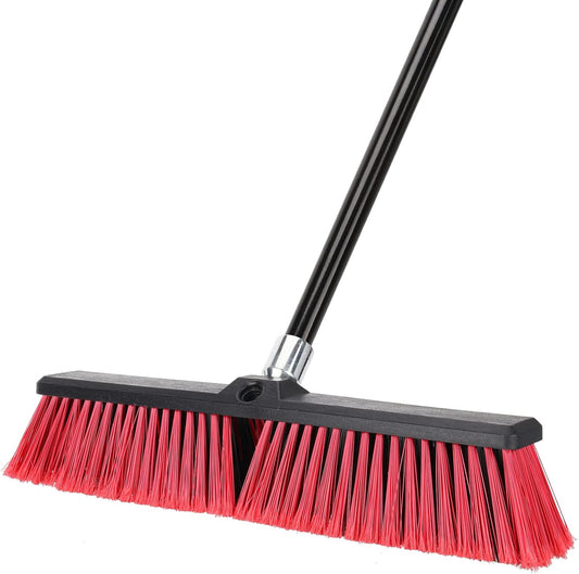18 inches Push Broom Outdoor Garden Broom with 63" Long Handle for Deck Driveway Garage Yard Patio Concrete Floor Cleaning(Red)