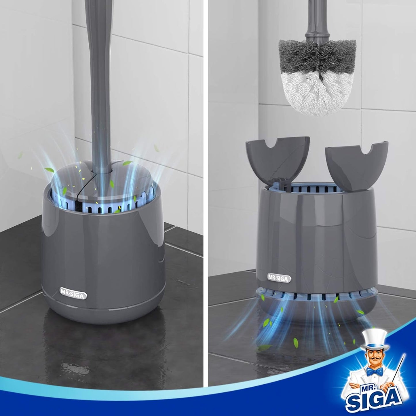 MR.SIGA Toilet Bowl Brush and Holder, Premium Quality, with Solid Handle and Durable Bristles for Bathroom Cleaning, Gray, 1 Pack