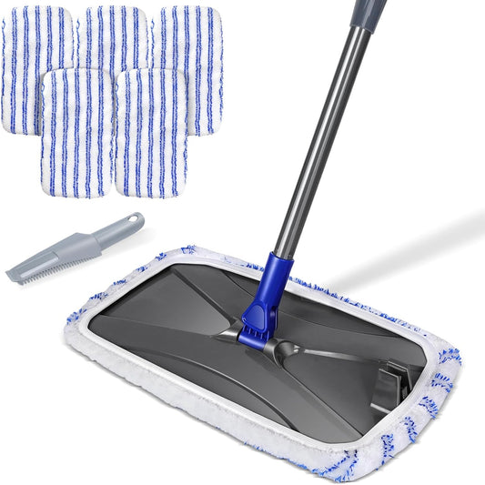 MASTERTOP Microfibre Flat Mop, Extended Wet Dry Large Floor Mop with 5 Reusable Pads & Telescopic Handle, Dust Mops for Laminate Wooden Hard Floor Vinyl Tile Floors Cleaning - Send 1 Cleaning Scraper