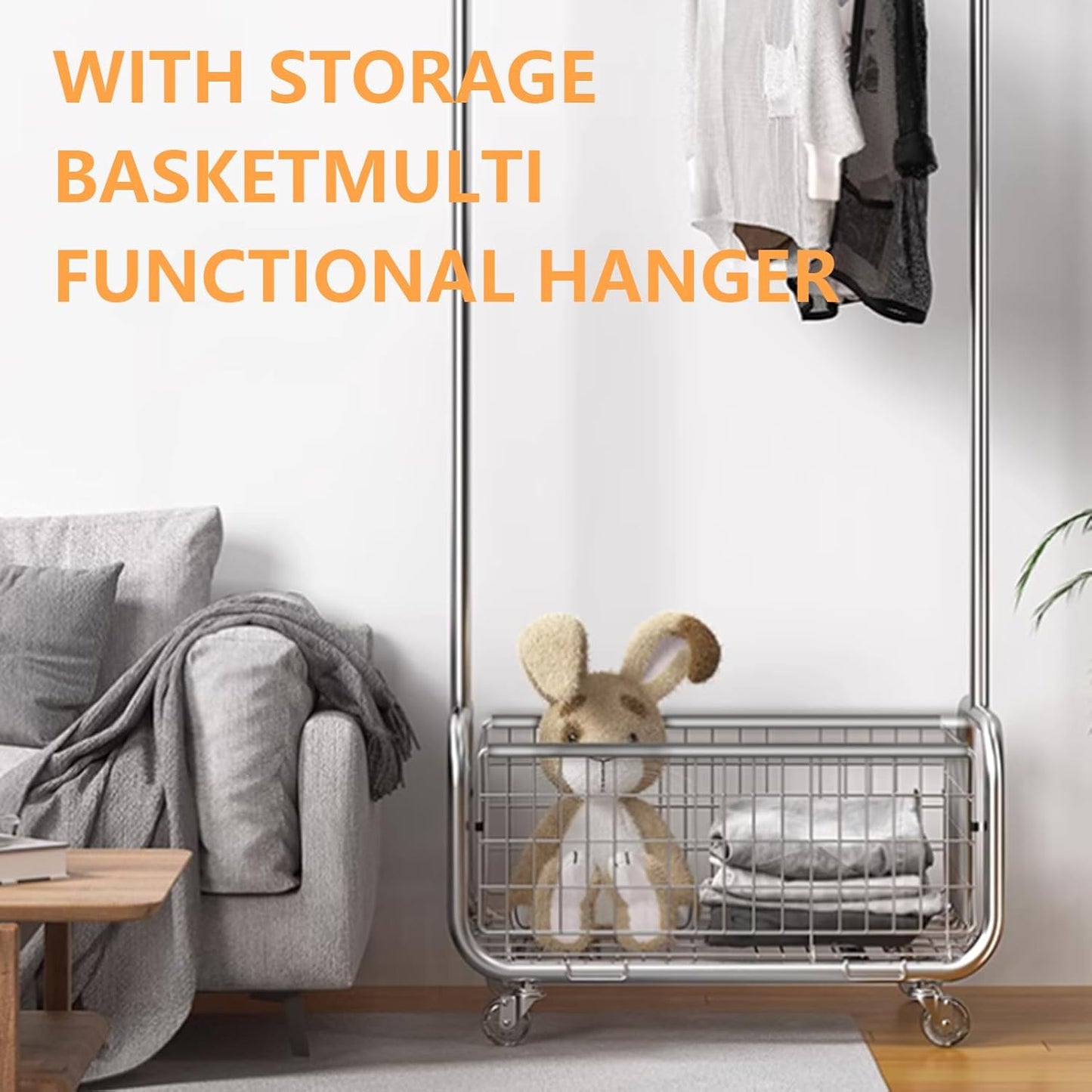 Garment Rack With Storage Baskets,Clothing Rack for Hanging Clothes, Multi-functional Bedroom Clothes Rack with Wheels for Bedroom, Living Room, Easy Assembly (40inch lenght)