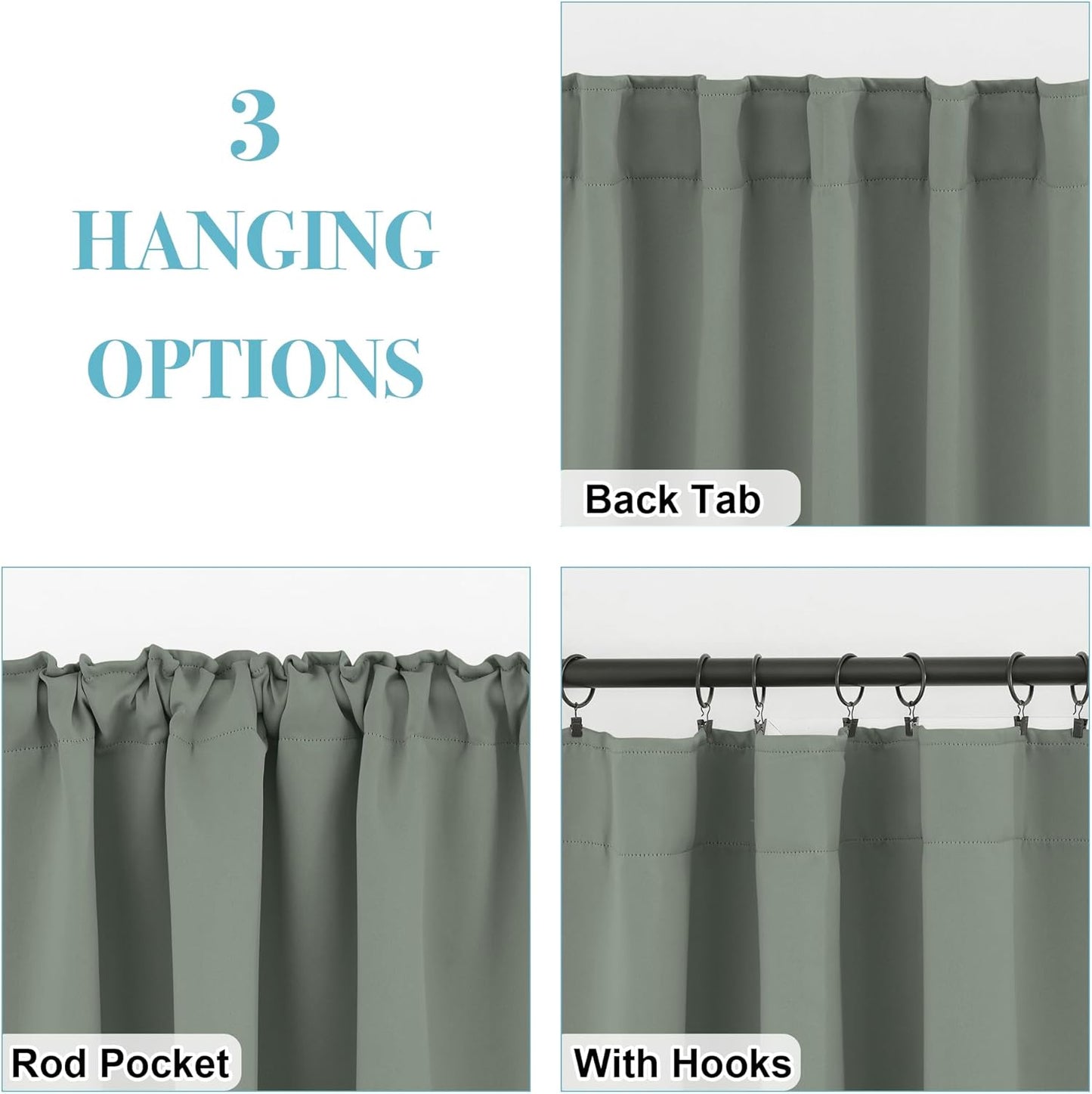 RYB HOME Sage Green Blackout Curtains for Bathroom, Thermal Insulated Light Block Window Curtains, Back Tab & Rod Pocket Style for Kitchen Kids Bedroom Basement, W34 x L24, 2 Panels